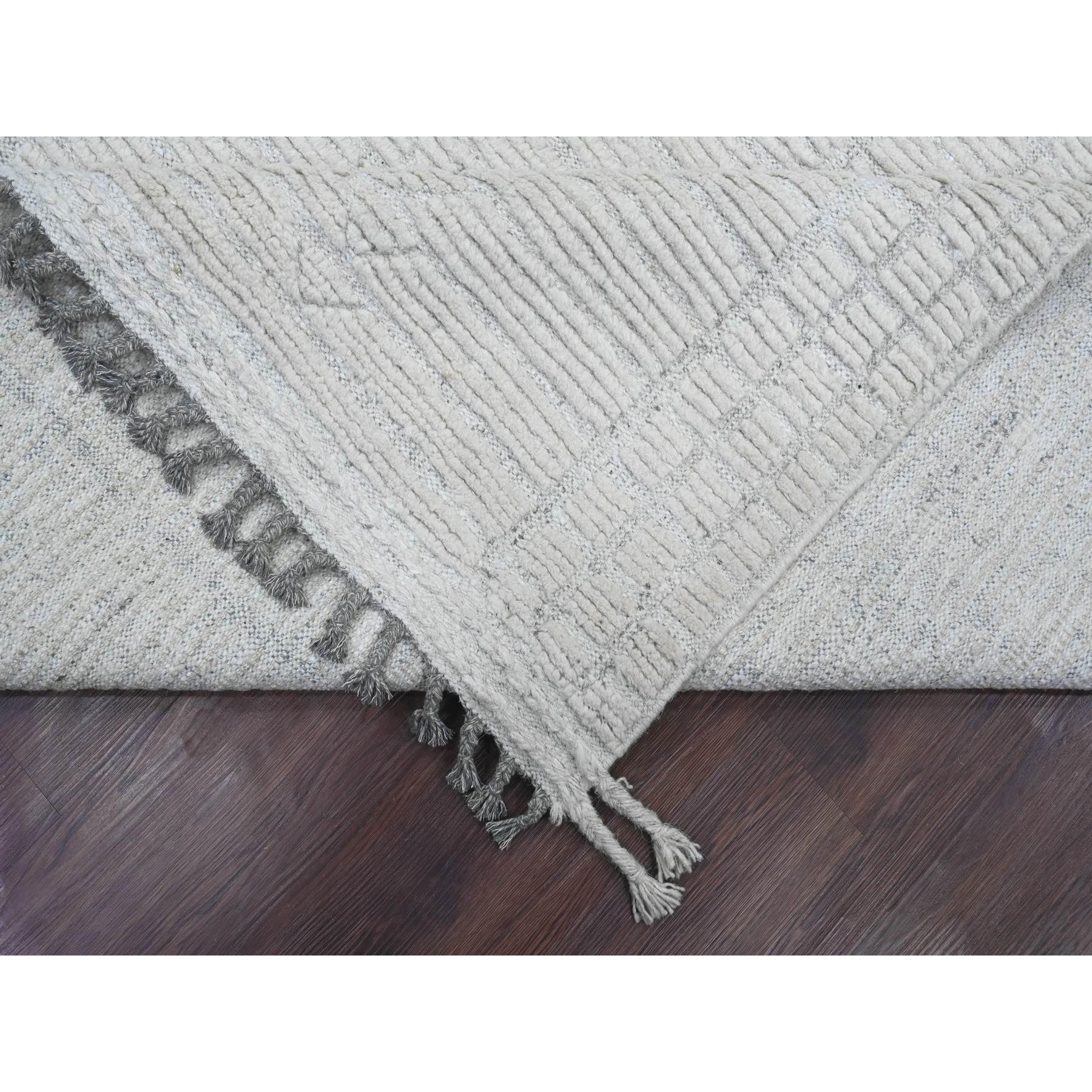 8'10"x12'2" Cotton White, Moroccan Weave with Line Design, Hand Knotted, Soft Wool, Tone on Tone, Textured Pile, Oriental Rug Sh20831