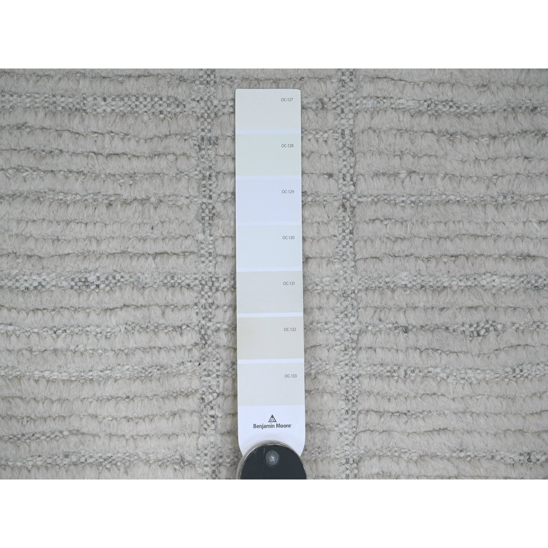 8'10"x12'2" Cotton White, Moroccan Weave with Line Design, Hand Knotted, Soft Wool, Tone on Tone, Textured Pile, Oriental Rug Sh20831