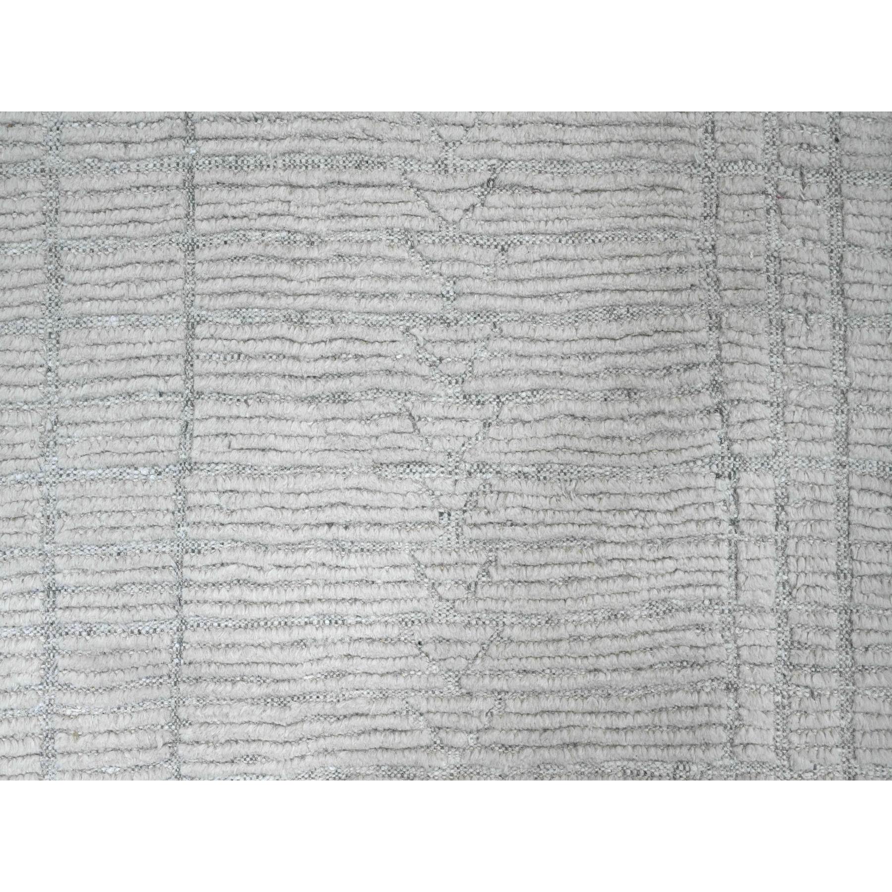 8'10"x12'2" Cotton White, Moroccan Weave with Line Design, Hand Knotted, Soft Wool, Tone on Tone, Textured Pile, Oriental Rug Sh20831