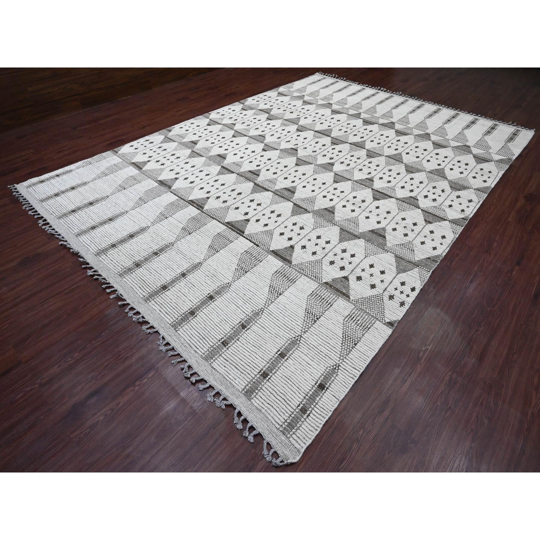 9'3"x13'2" Cotton White, Moroccan Weave with Geometric Pattern, Soft Wool, Hand Knotted, Tone on Tone, Textured Pile, Oriental Rug Sh20832