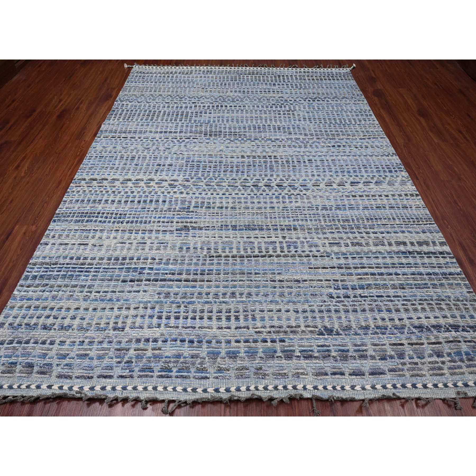 8'1"x10'8" Shades of Blue with Gray, Moroccan Weave with Geometric Pattern, Hand Knotted, Soft Wool, Tone on Tone, Textured Pile, Oriental Rug Sh20834