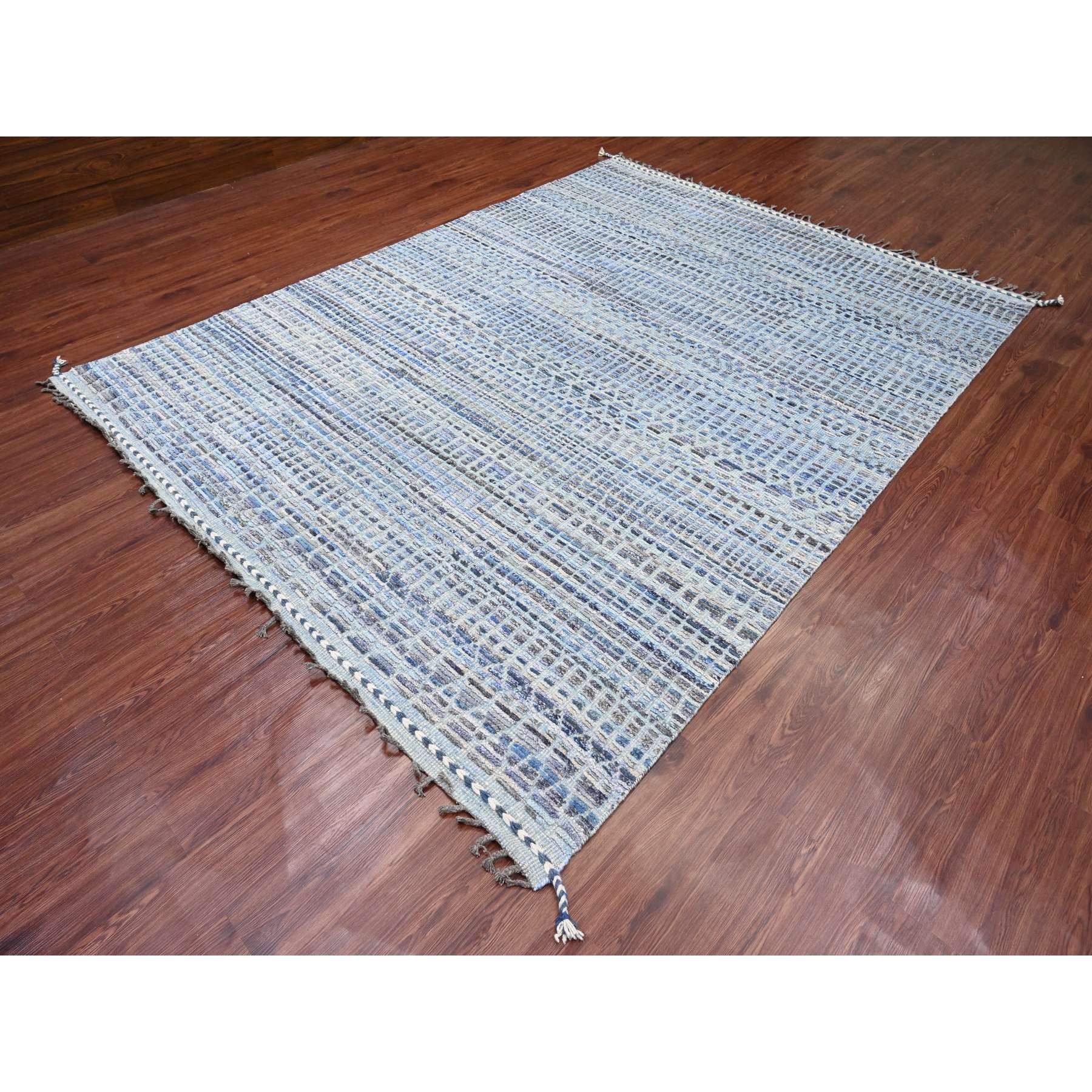 8'1"x10'8" Shades of Blue with Gray, Moroccan Weave with Geometric Pattern, Hand Knotted, Soft Wool, Tone on Tone, Textured Pile, Oriental Rug Sh20834