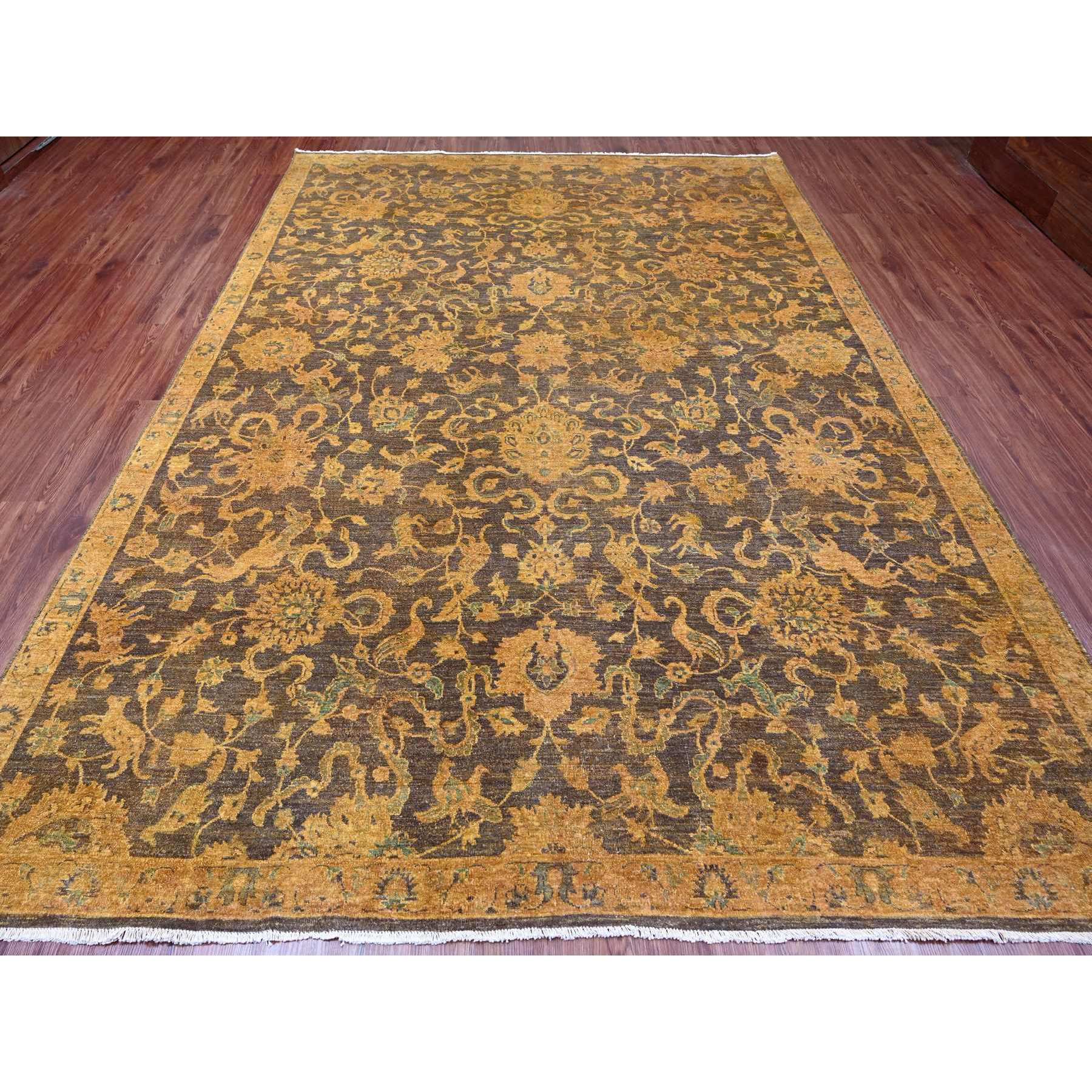 8'6"x11'10" Chocolate Brown, Peshawar with Ziegler Mahal, All Over Design, Distressed, Zero Pile, Hand Knotted, Pure Wool, Oriental Rug Sh20837
