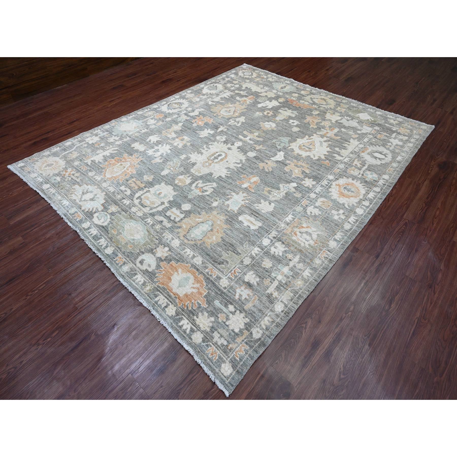 8'x9'8" Nickel Gray, Afghan Angora Oushak with Muted Colors Leaf Design, Hand Knotted, Vegetable Dyes, 100% Wool, Oriental Rug Sh20839