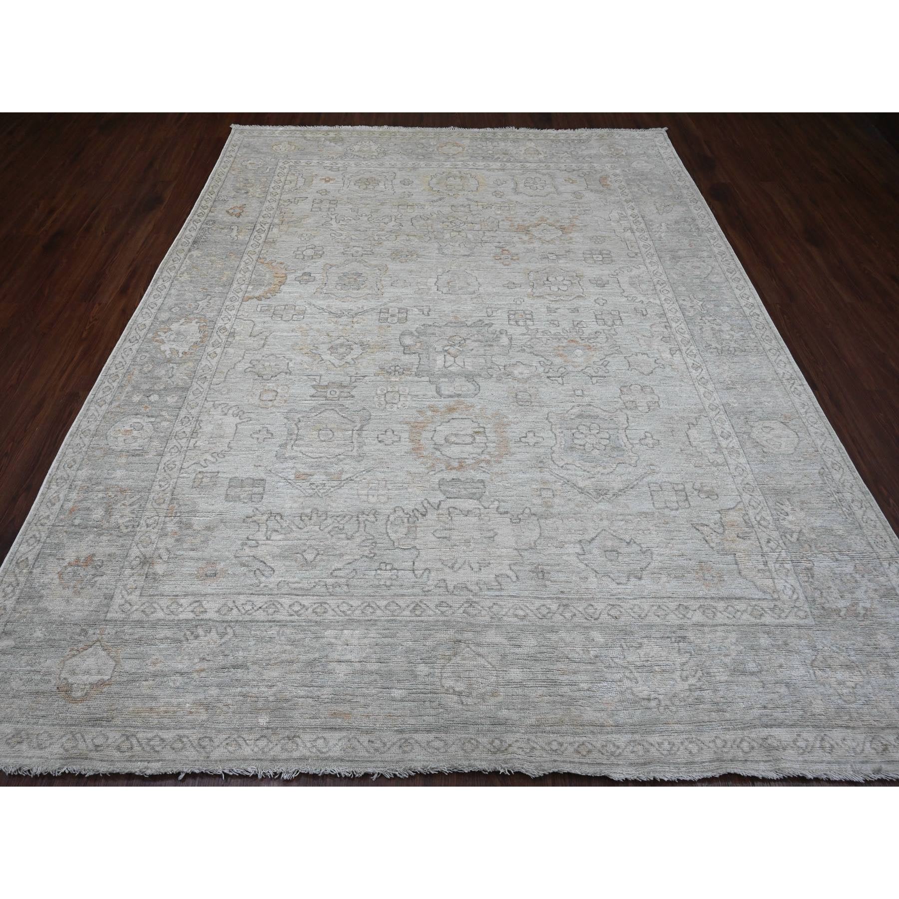 8'x9'10" Cloud Gray, Hand Knotted, Afghan Angora Oushak with All Over Leaf Pattern, Vegetable Dyes, Pure Wool, Oriental Rug Sh20840