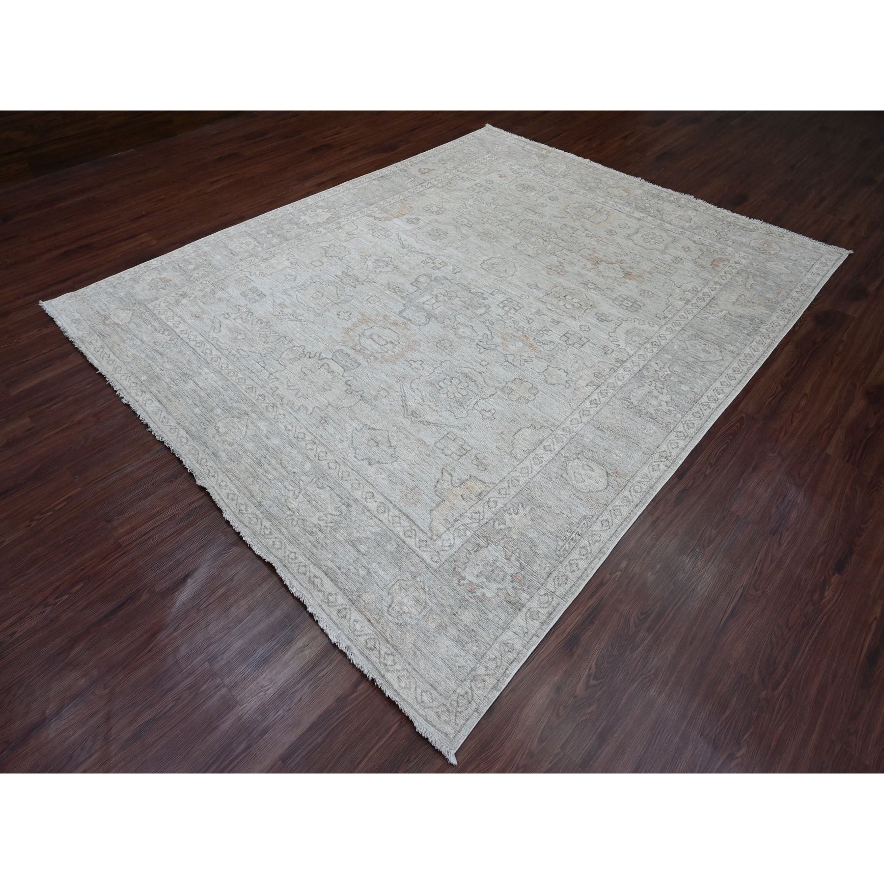 8'x9'10" Cloud Gray, Hand Knotted, Afghan Angora Oushak with All Over Leaf Pattern, Vegetable Dyes, Pure Wool, Oriental Rug Sh20840