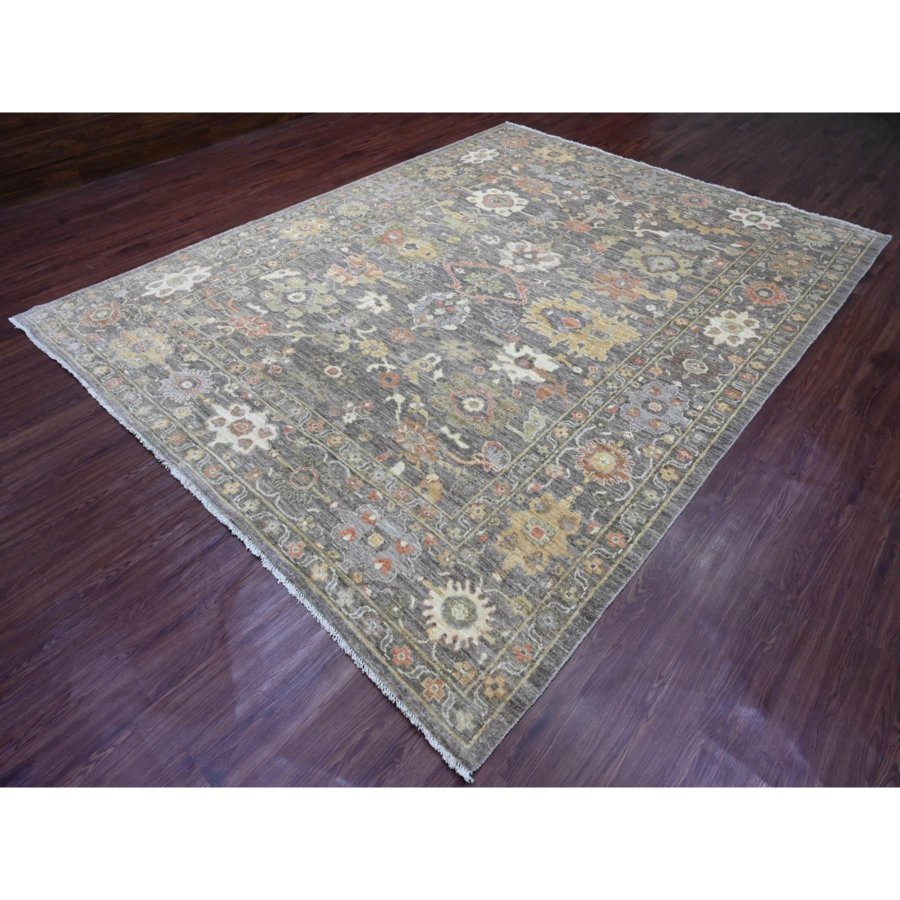8'10"x11'5" Walnut Brown, Afghan Angora Oushak with Colorful Leaf Design, Hand Knotted, Vegetable Dyes, 100% Wool, Oriental Rug Sh20841