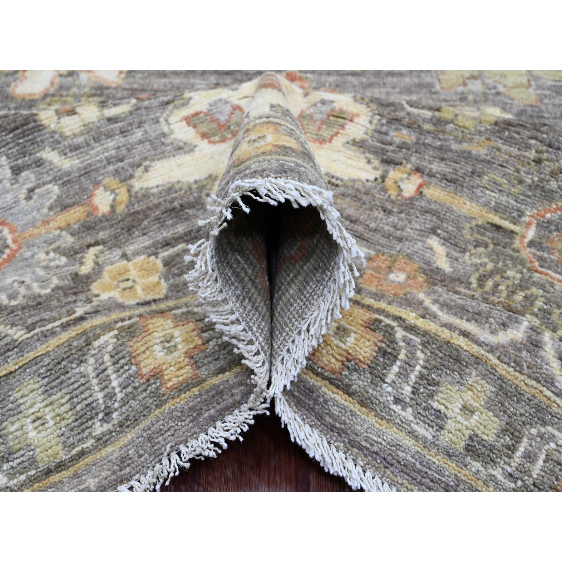8'10"x11'5" Walnut Brown, Afghan Angora Oushak with Colorful Leaf Design, Hand Knotted, Vegetable Dyes, 100% Wool, Oriental Rug Sh20841