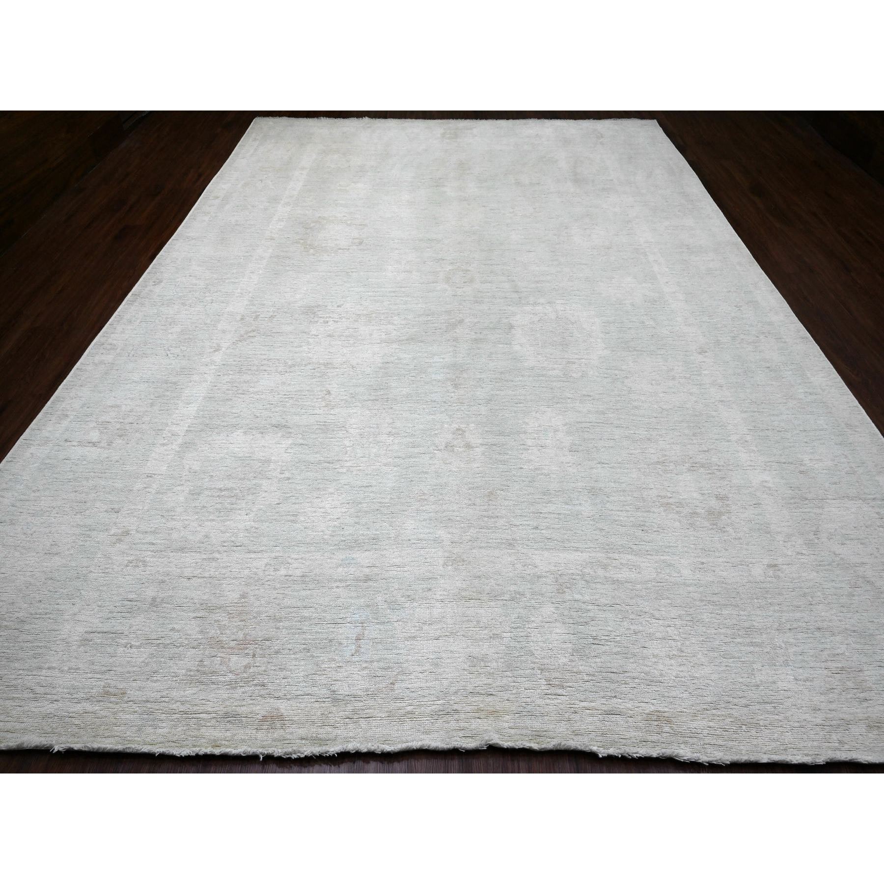 10'x13'8" Medium Gray, Afghan Angora Oushak with All Over Leaf Design, Hand Knotted, Natural Dyes, 100% Wool, Oriental Rug Sh20843
