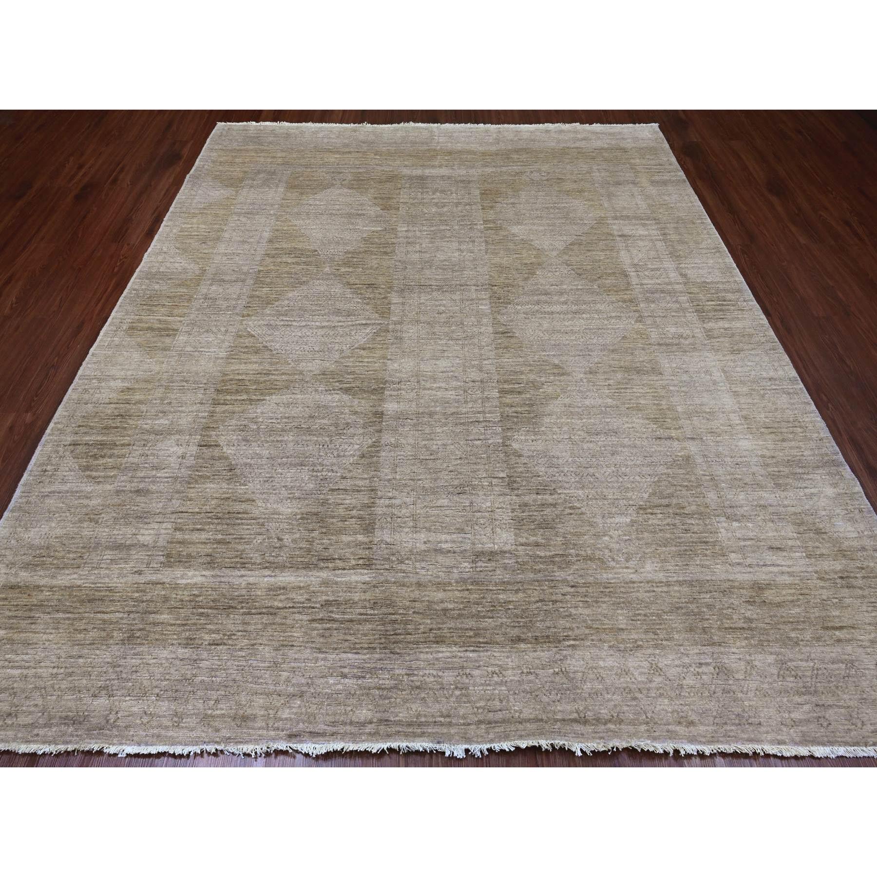 8'2"x9'7" Khaki Brown, Peshawar with Turkish Kars Inspired Design, Geometric Pattern, High Mountain Wool, Hand Knotted, Oriental Rug Sh20847