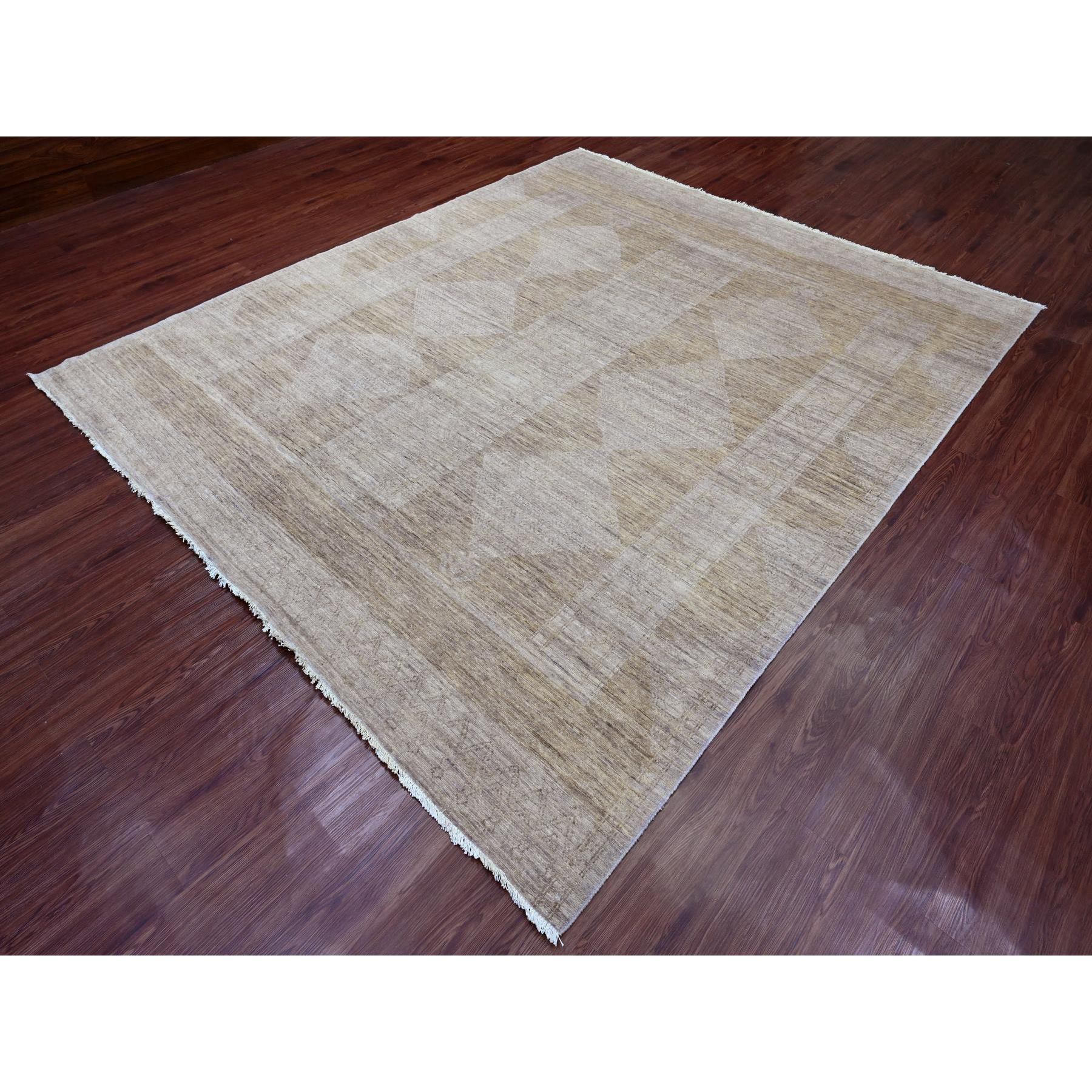 8'2"x9'7" Khaki Brown, Peshawar with Turkish Kars Inspired Design, Geometric Pattern, High Mountain Wool, Hand Knotted, Oriental Rug Sh20847
