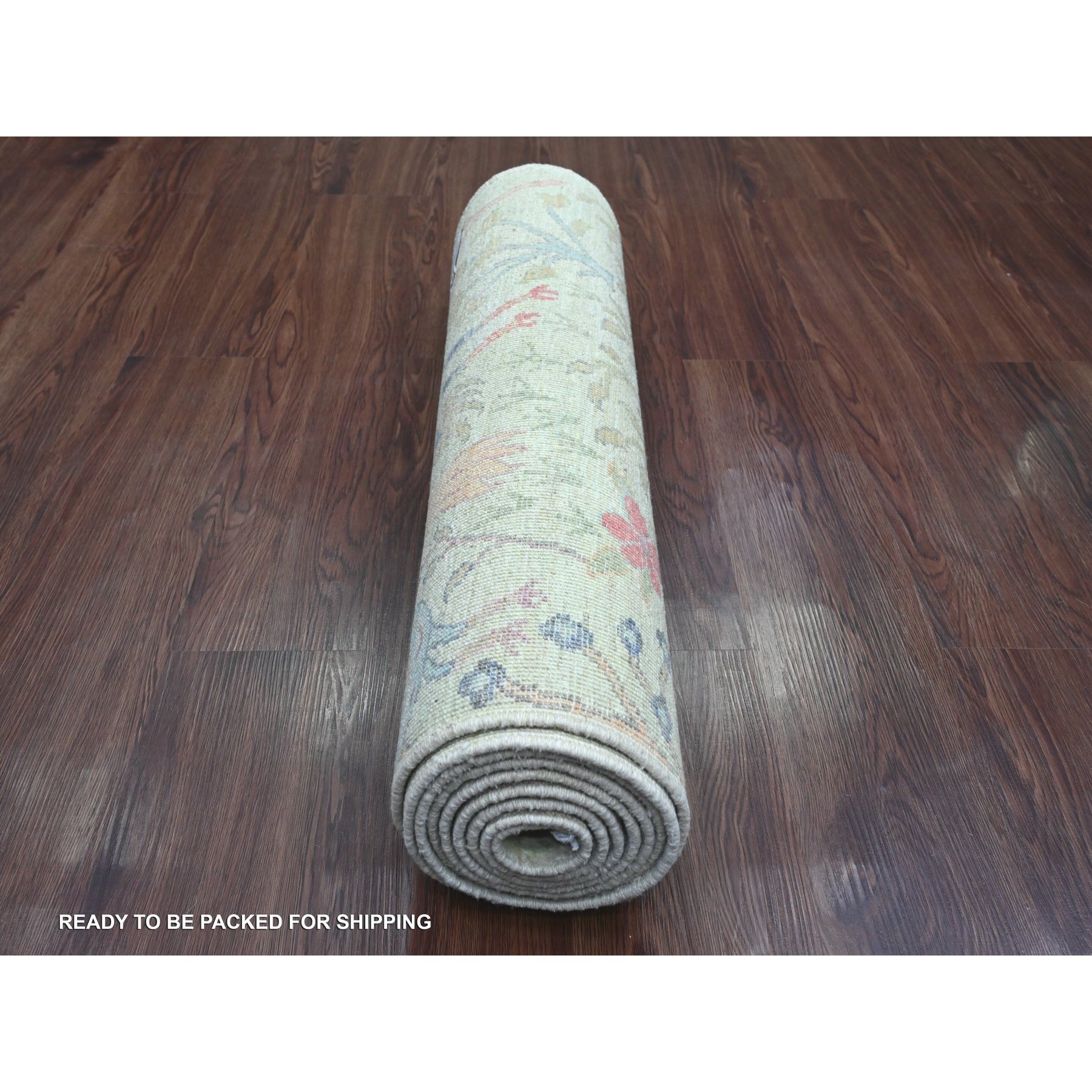 2'7"x9'8" Pistachio Green, Afghan Peshawar with Birds of Paradise Design, Hand Knotted, Soft Wool, Vegetable Dyes, Runner, Oriental Rug Sh20853