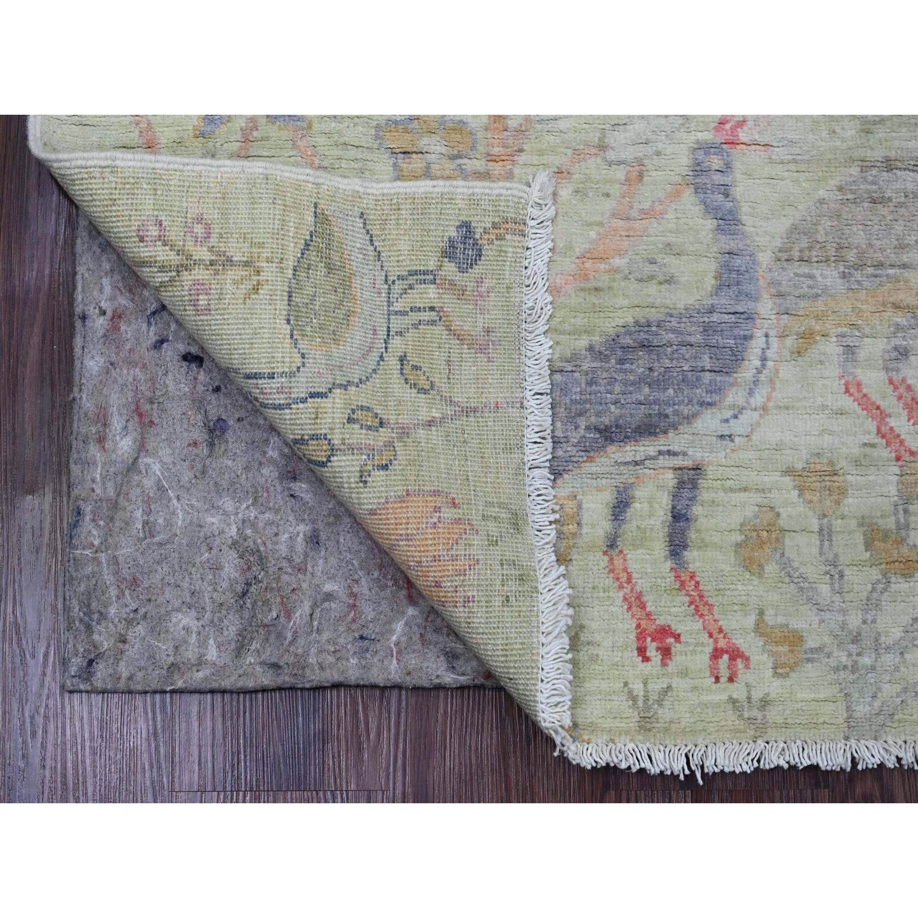 2'7"x7'9" Pistachio Green, Afghan Peshawar with Birds of Paradise Design, Natural Dyes, Hand Knotted, Soft Wool, Runner, Oriental Rug Sh20855