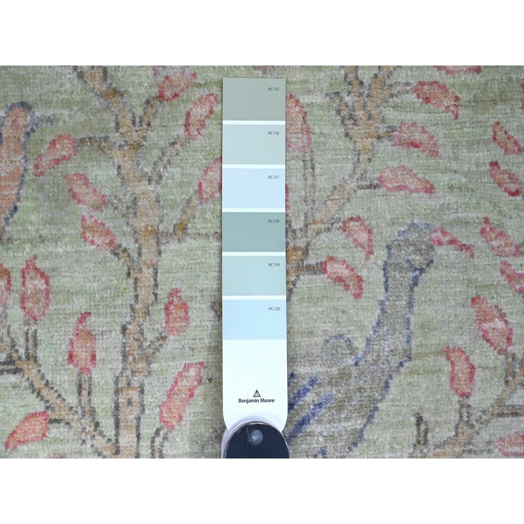 2'5"x9'9" Olive Green, Afghan Peshawar with Birds of Paradise Design, Hand Knotted, Soft Wool, Veggie Dyes, Runner, Oriental Rug Sh20856