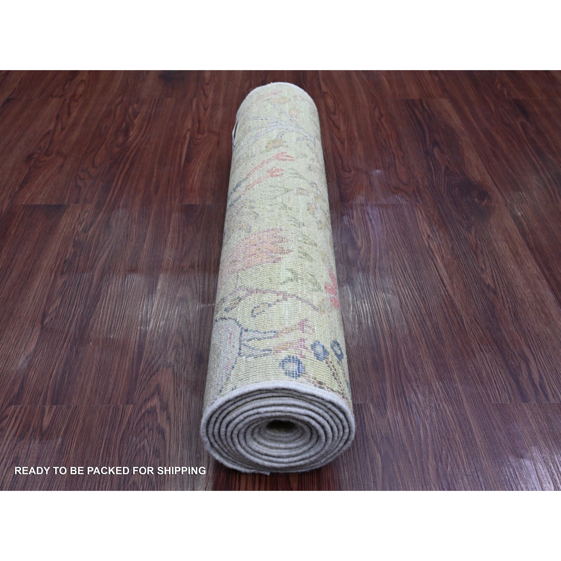 2'5"x9'9" Olive Green, Afghan Peshawar with Birds of Paradise Design, Hand Knotted, Soft Wool, Veggie Dyes, Runner, Oriental Rug Sh20856