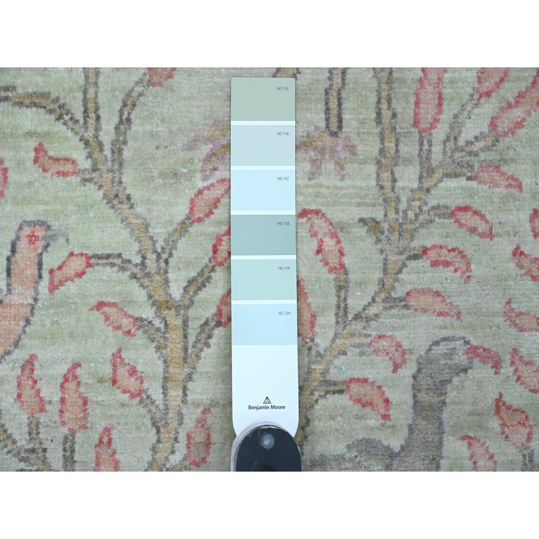2'6"x8' Celadon Green, Hand Knotted, Afghan Peshawar with Birds of Paradise Design, Soft Wool, Natural Dyes, Runner, Oriental Rug Sh20857