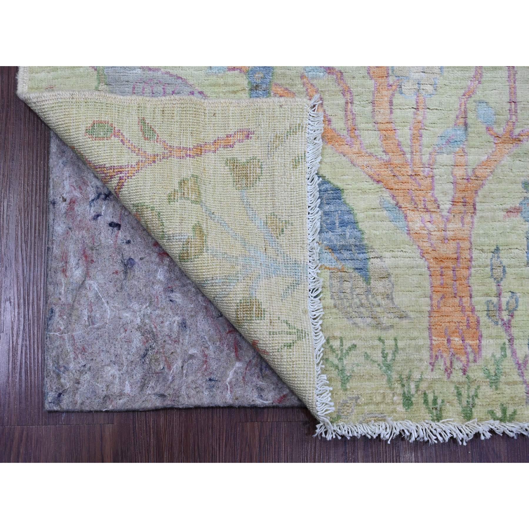 2'9"x11'8" Swamp Green, Hand Knotted, Afghan Peshawar with Birds of Paradise Design, Soft Wool, Vegetable Dyes, Runner, Oriental Rug Sh20858