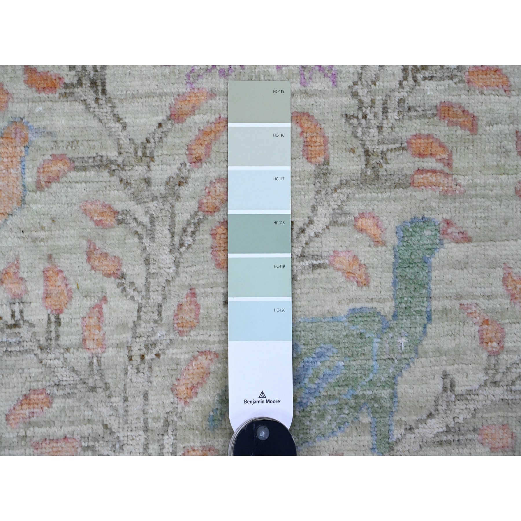 2'9"x11'8" Swamp Green, Hand Knotted, Afghan Peshawar with Birds of Paradise Design, Soft Wool, Vegetable Dyes, Runner, Oriental Rug Sh20858