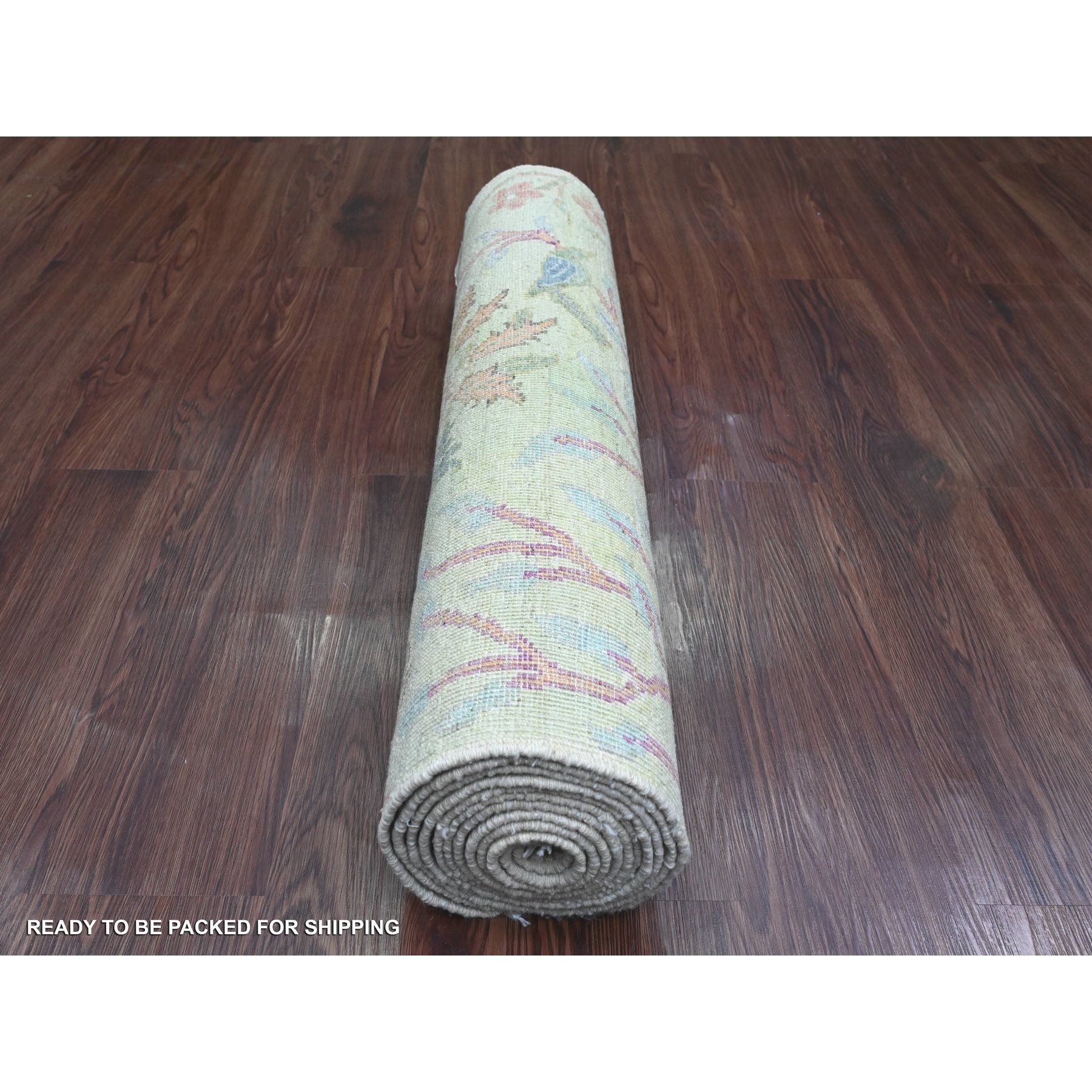 2'9"x11'8" Swamp Green, Hand Knotted, Afghan Peshawar with Birds of Paradise Design, Soft Wool, Vegetable Dyes, Runner, Oriental Rug Sh20858