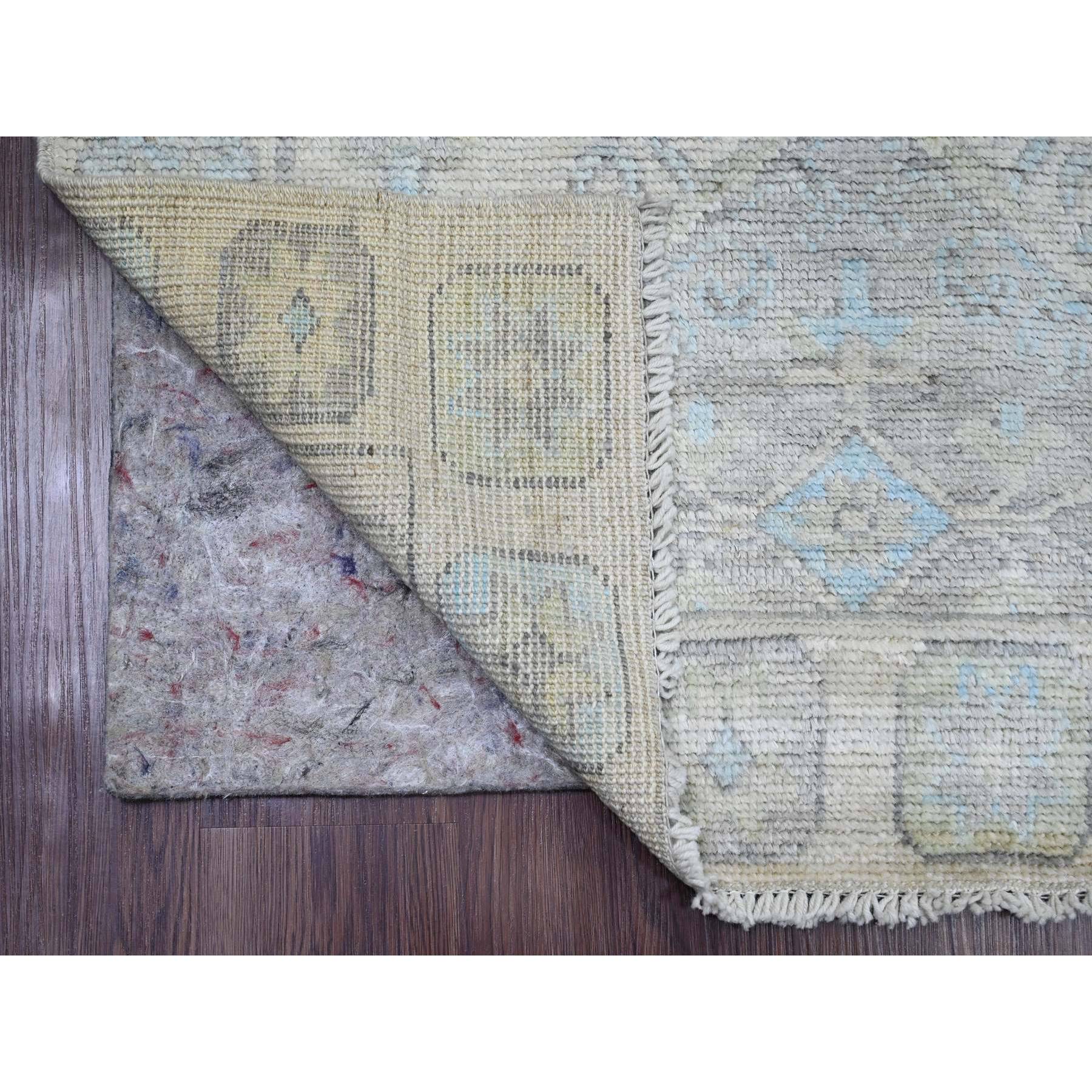 3'3"x10' Chiffon White, Washed Out Anatolian Village Inspired with Geometric Medallion Design, High Mountain Wool, Hand Knotted, Runner, Oriental Rug Sh20860