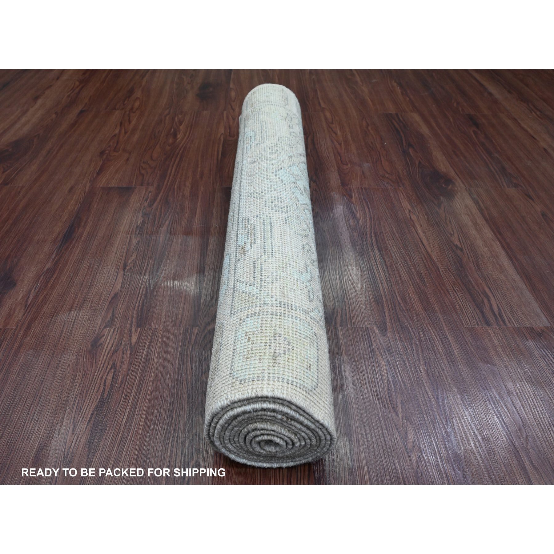 3'3"x10' Chiffon White, Washed Out Anatolian Village Inspired with Geometric Medallion Design, High Mountain Wool, Hand Knotted, Runner, Oriental Rug Sh20860