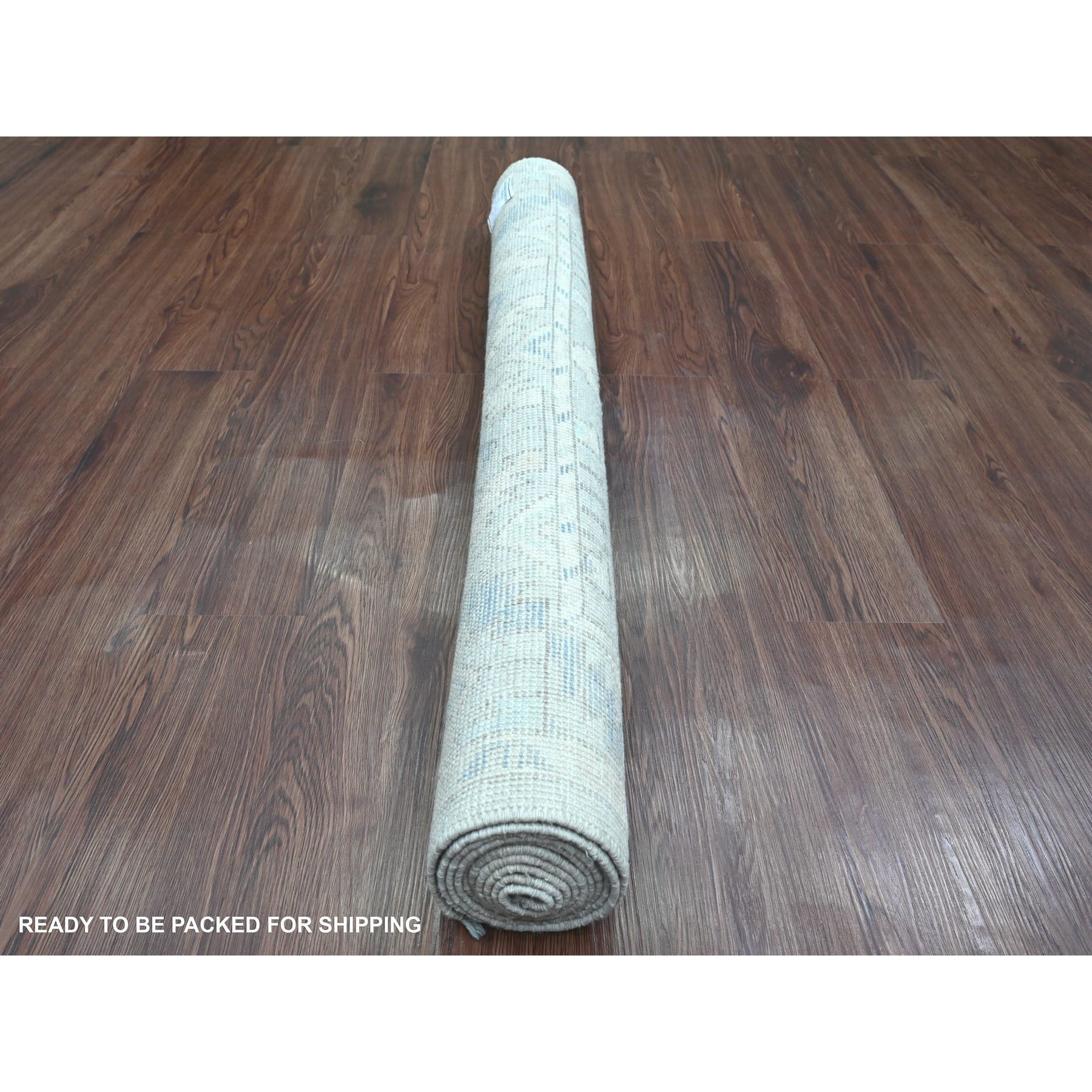 4'1"x8' Oyster Gray, Washed Out Anatolian Village Inspired with Geometric Design, High Mountain Wool, Hand Knotted, Wide Runner, Oriental Rug Sh20862
