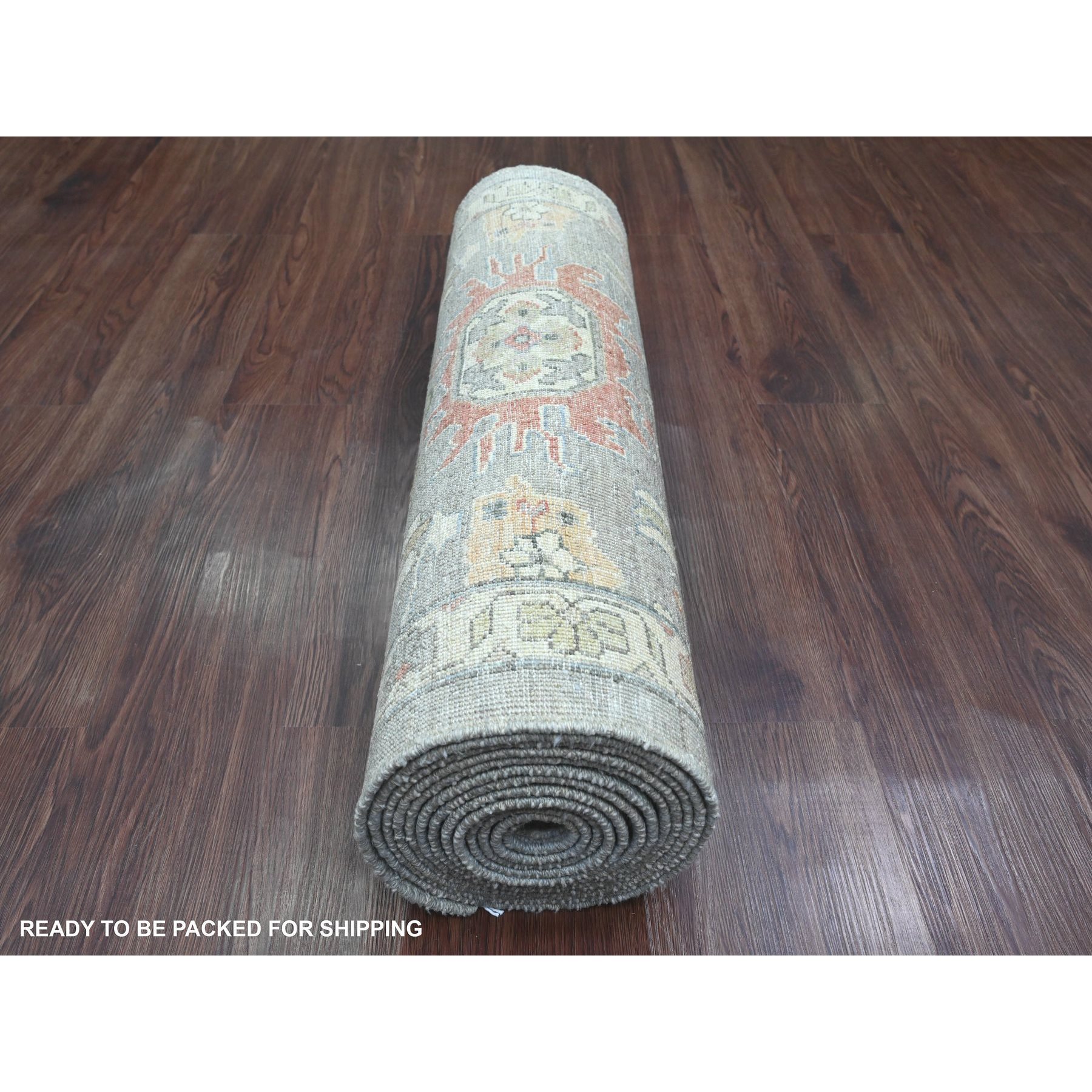 2'8"x15'6" Misty Gray, Aryana Collection, Karajeh Design, Densely Woven, Hand Knotted, 100% Wool, XL Runner, Oriental Rug Sh20868