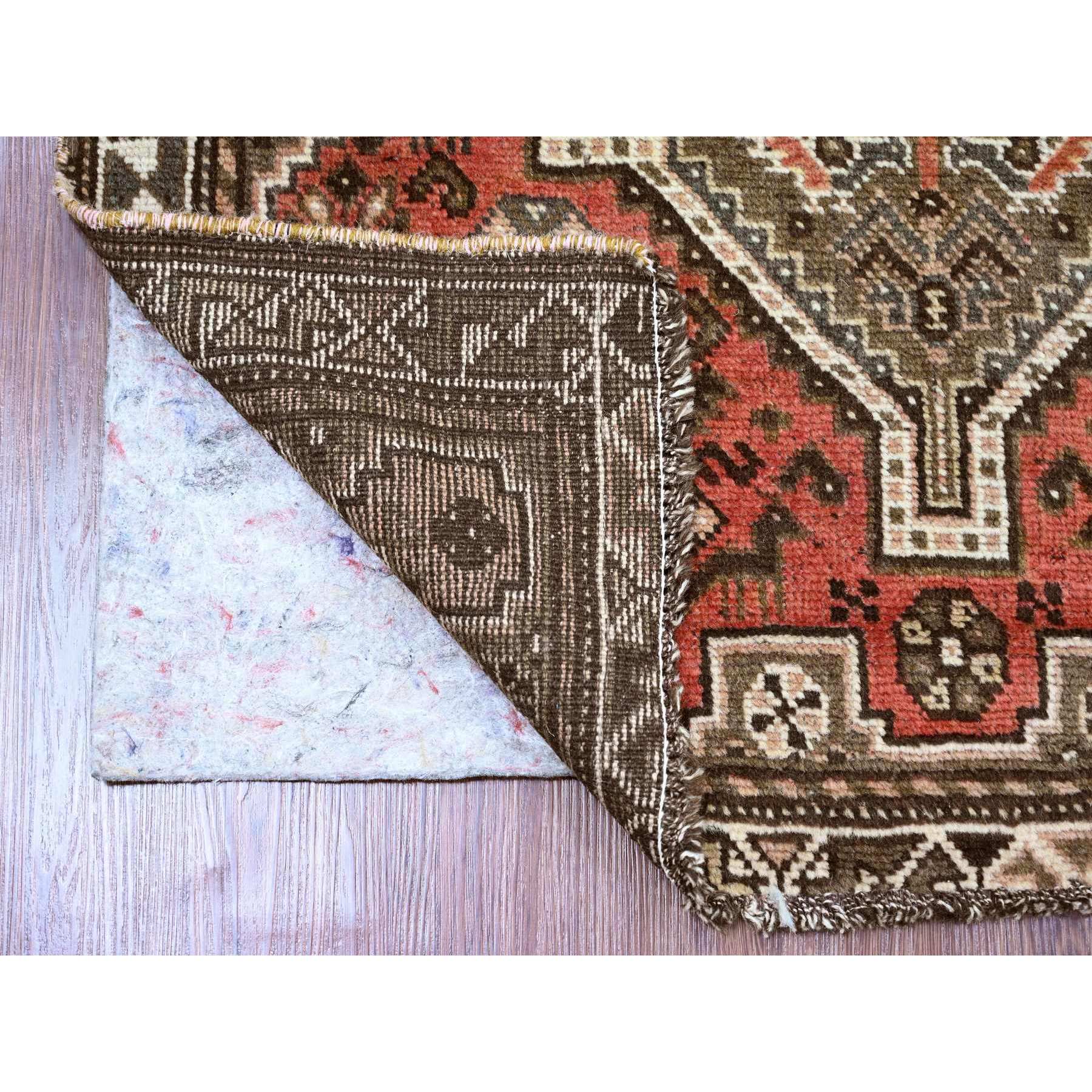 3'5"x9'6" Prismatic Red, Vintage Persian Shiraz with Small Animal Figurines and Geometric Design, Good Condition, Hand Knotted, Clean, Even Wear, Pure Wool, Wide Runner, Oriental Rug Sh20871