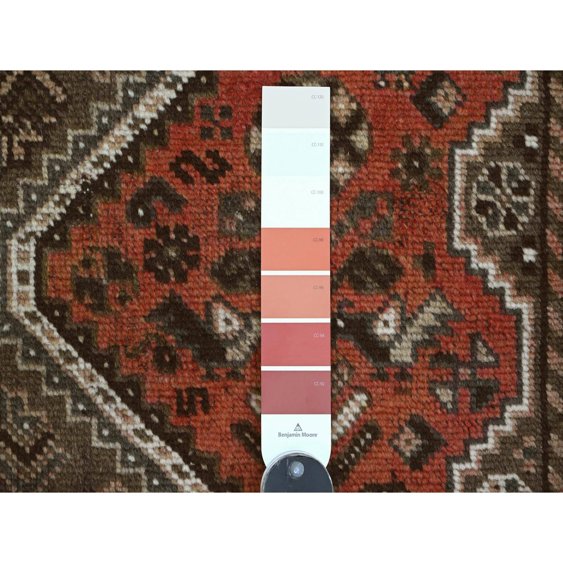 3'5"x9'6" Prismatic Red, Vintage Persian Shiraz with Small Animal Figurines and Geometric Design, Good Condition, Hand Knotted, Clean, Even Wear, Pure Wool, Wide Runner, Oriental Rug Sh20871