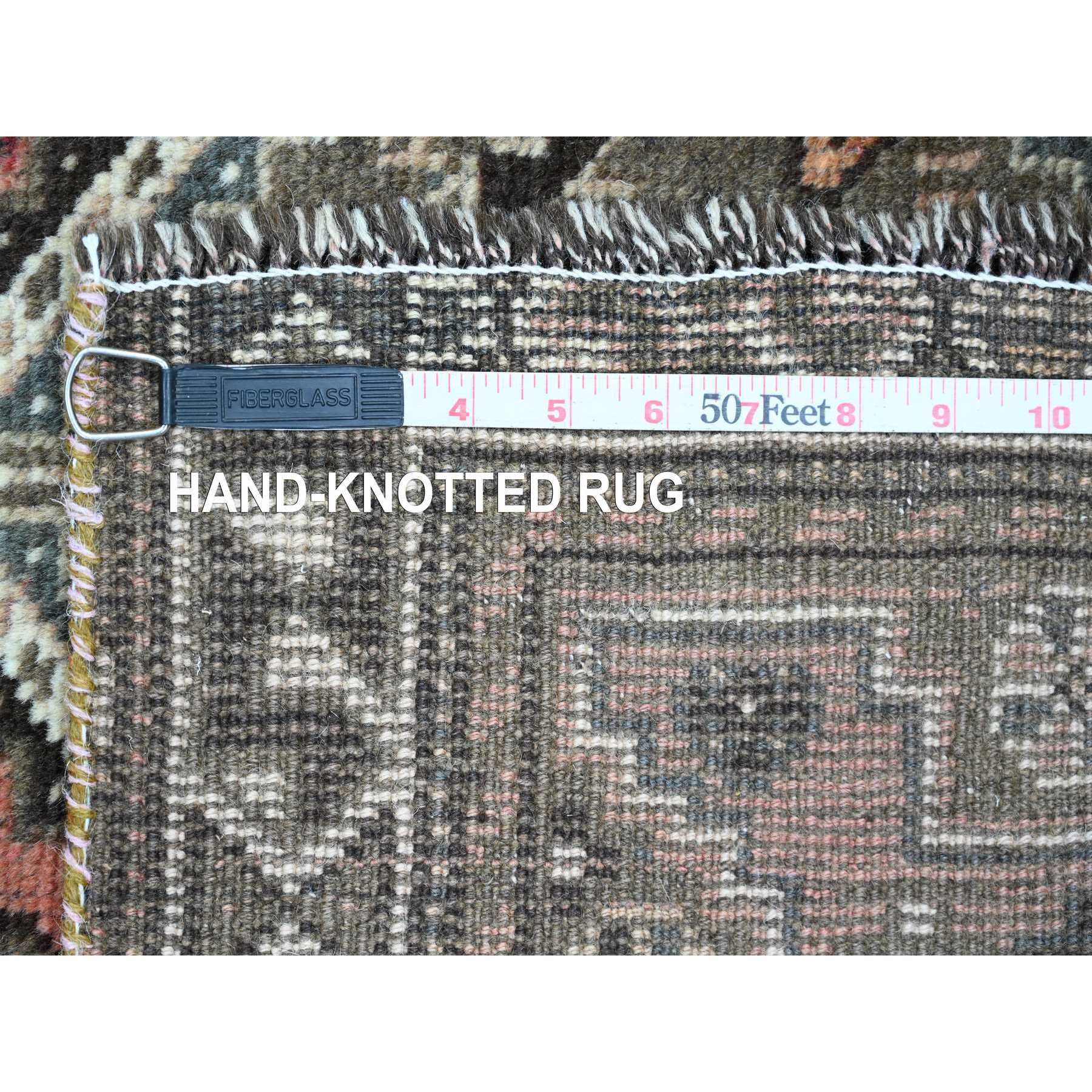 3'5"x9'6" Prismatic Red, Vintage Persian Shiraz with Small Animal Figurines and Geometric Design, Good Condition, Hand Knotted, Clean, Even Wear, Pure Wool, Wide Runner, Oriental Rug Sh20871