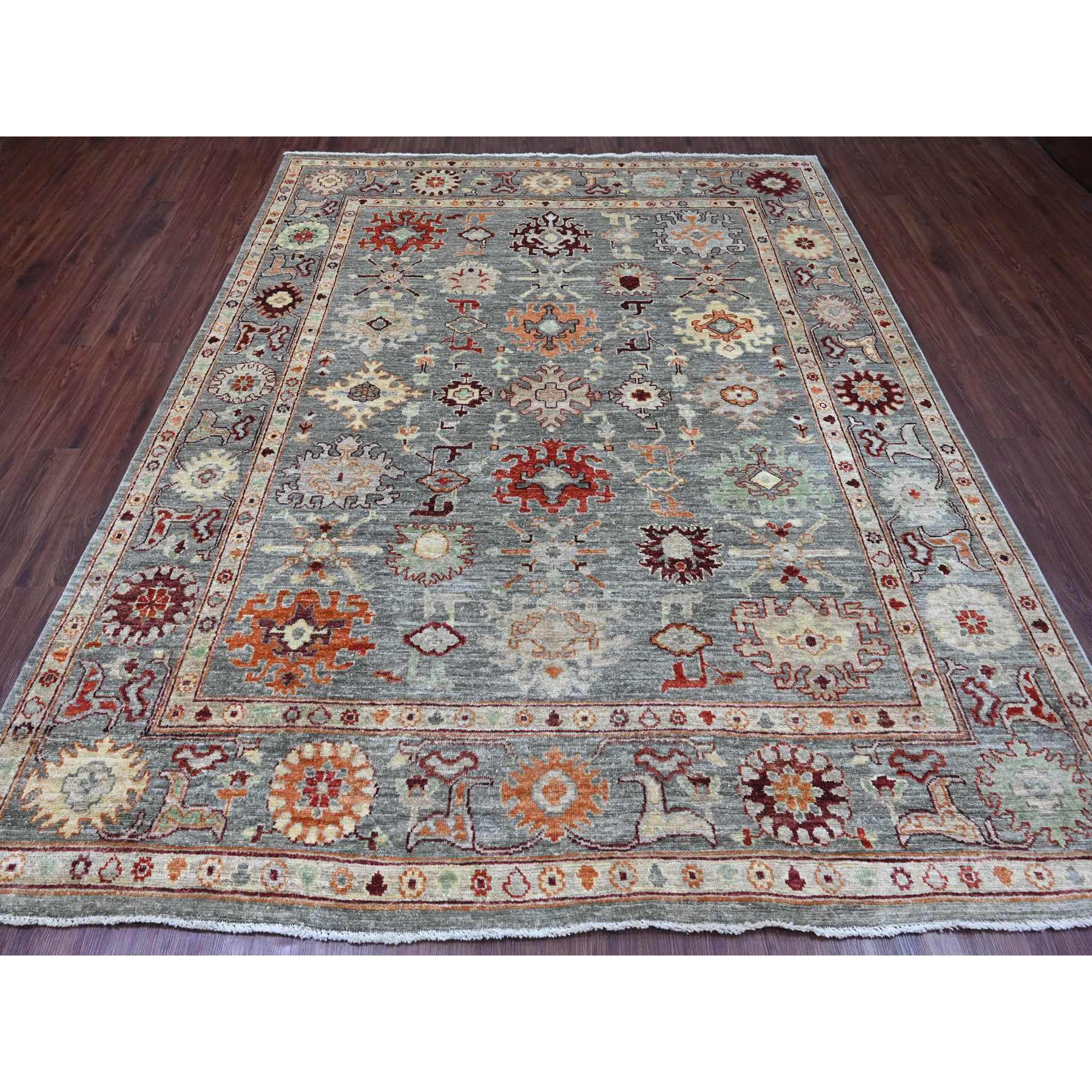 7'9"x9'5" Spanish Gray, Afghan Angora Oushak with Colorful Geometric Leaf Pattern, Hand Knotted, Veggie Dyes, 100% Wool, Oriental Rug Sh20872