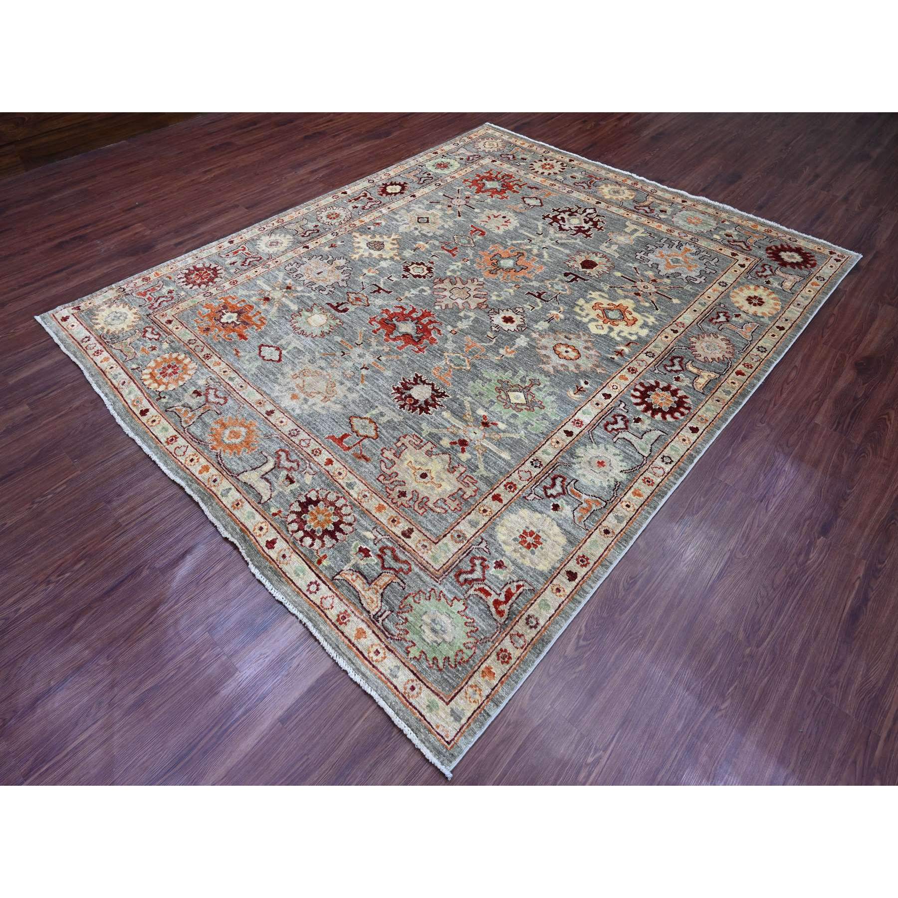 7'9"x9'5" Spanish Gray, Afghan Angora Oushak with Colorful Geometric Leaf Pattern, Hand Knotted, Veggie Dyes, 100% Wool, Oriental Rug Sh20872