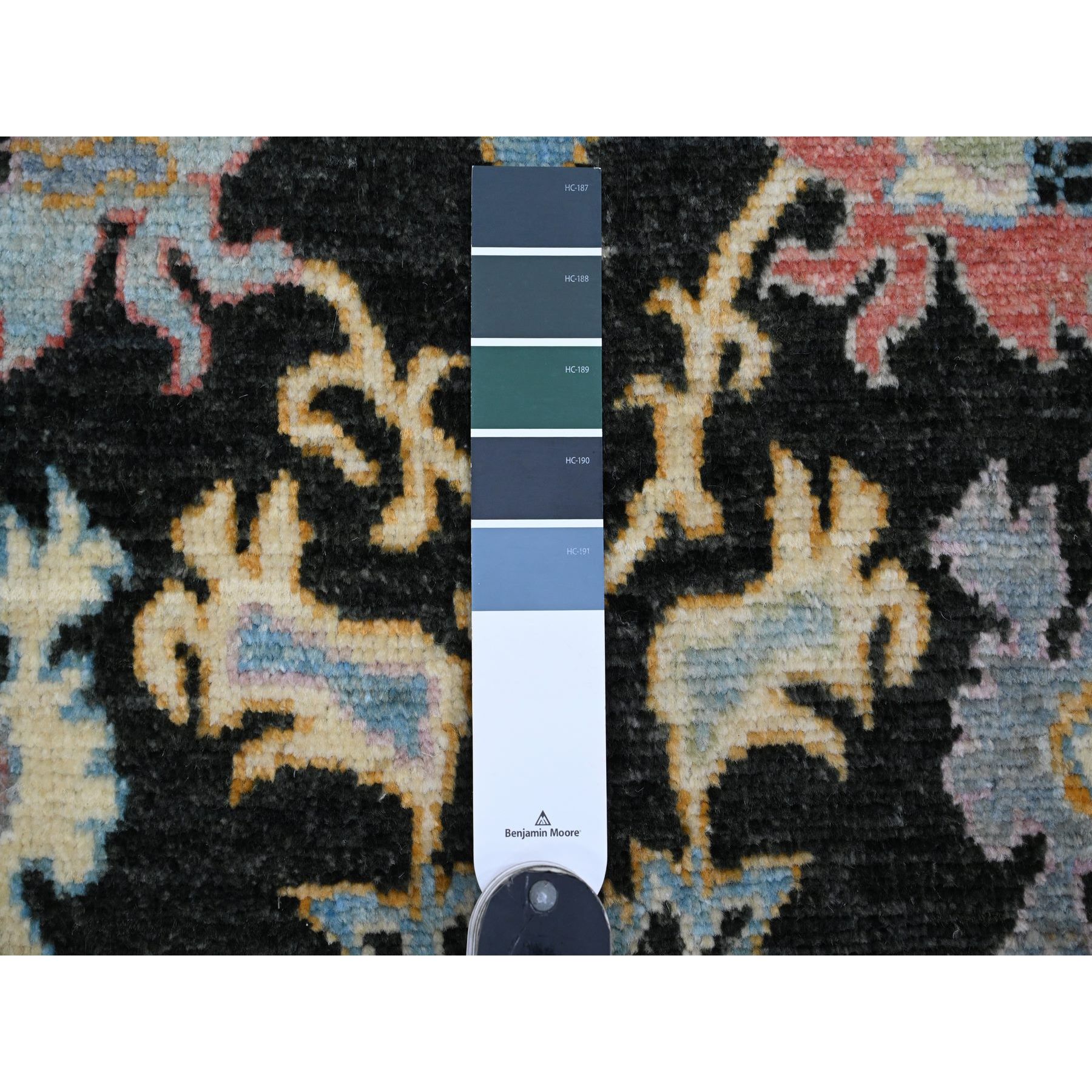 5'x7'1" Jade Black, Hand Knotted, Afghan Angora Oushak with Colorful Leaf Pattern, Natural Dyes, 100% Wool, Oriental Rug Sh20876