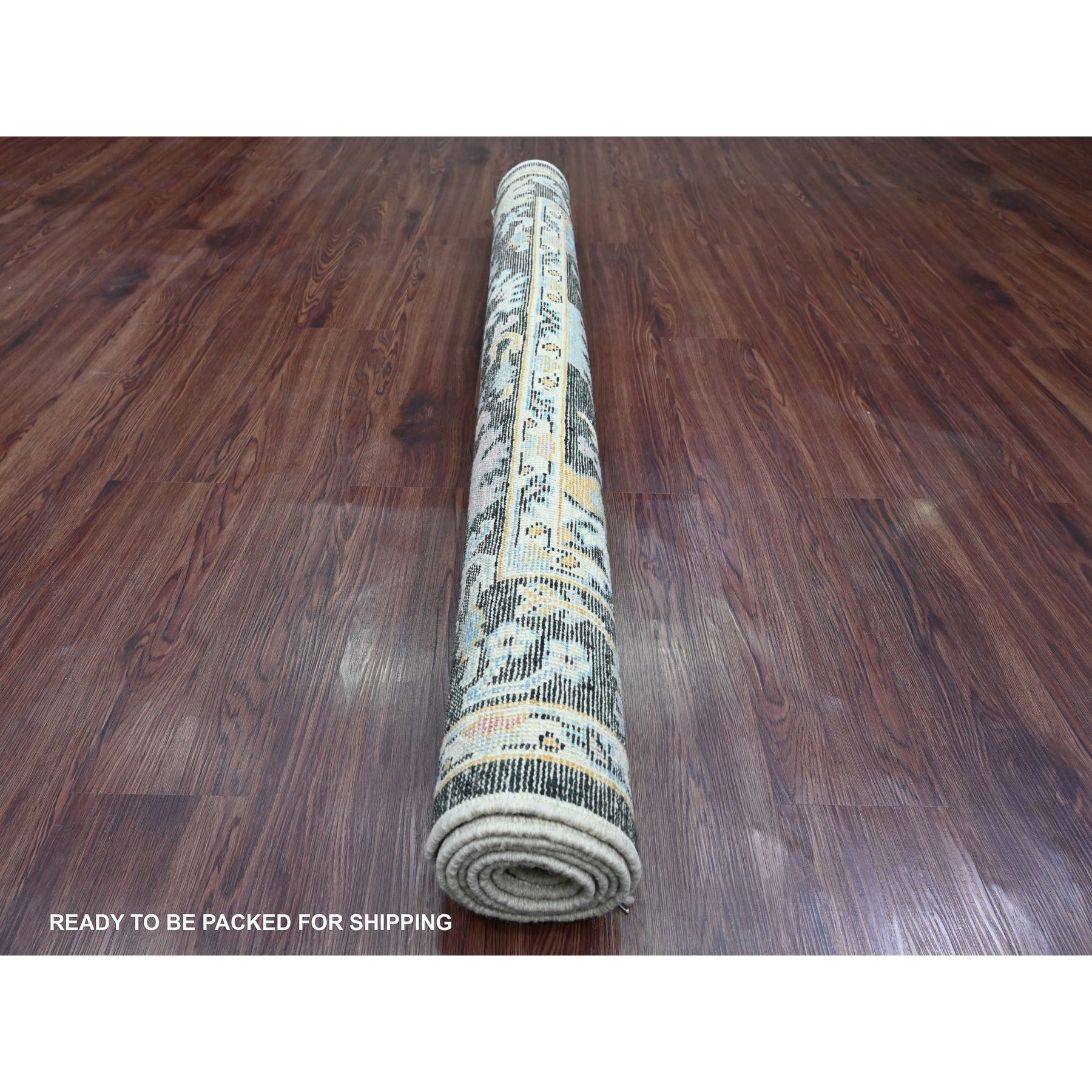 5'x7'1" Jade Black, Hand Knotted, Afghan Angora Oushak with Colorful Leaf Pattern, Natural Dyes, 100% Wool, Oriental Rug Sh20876