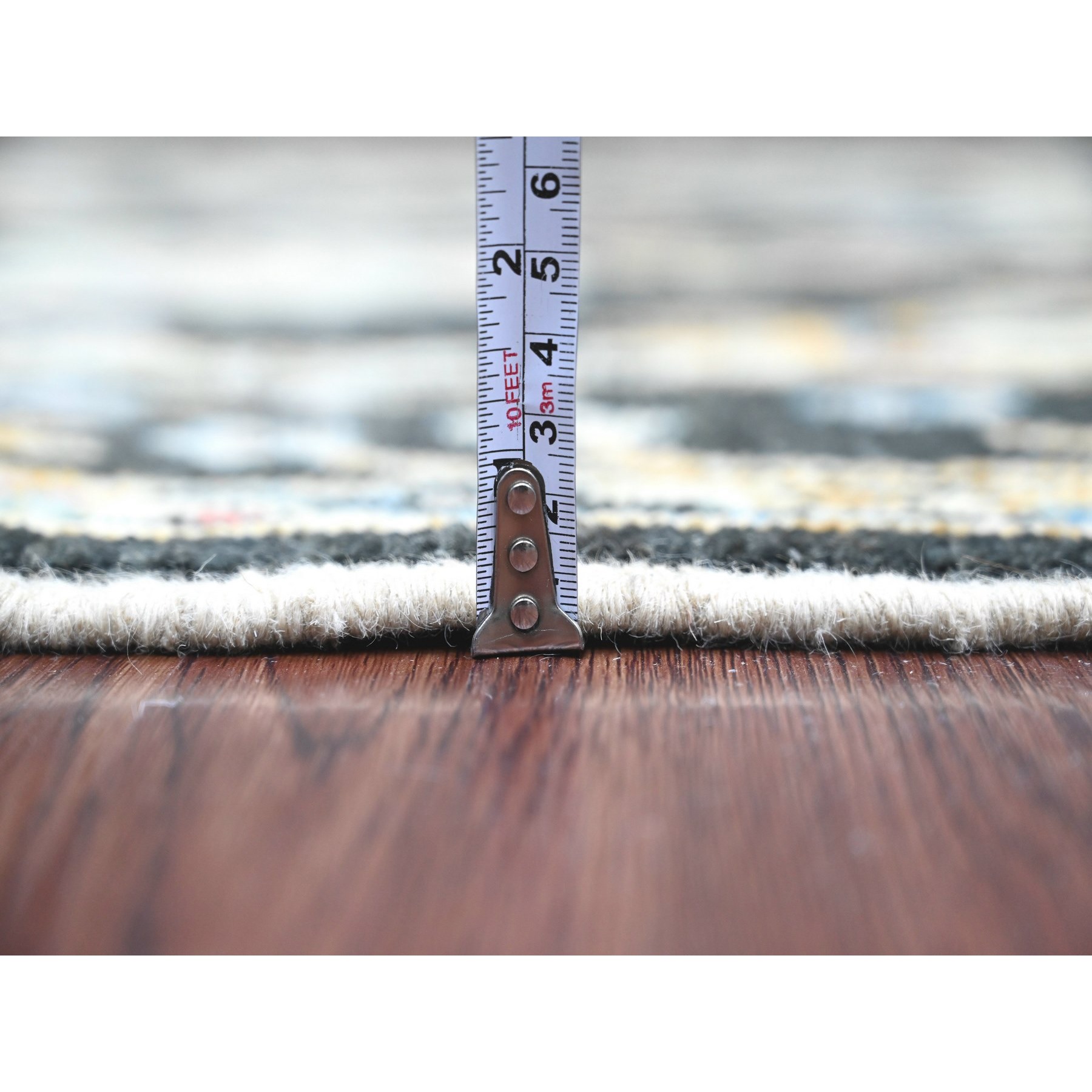 5'x7'1" Jade Black, Hand Knotted, Afghan Angora Oushak with Colorful Leaf Pattern, Natural Dyes, 100% Wool, Oriental Rug Sh20876