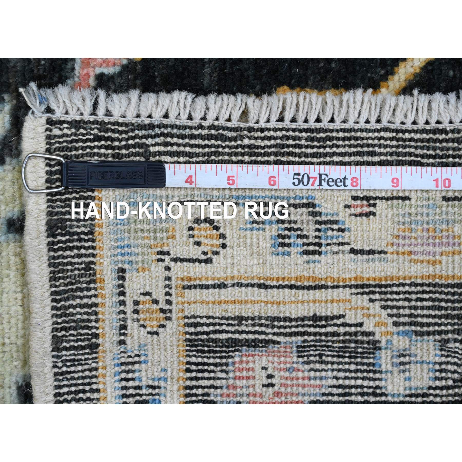 5'x7'1" Jade Black, Hand Knotted, Afghan Angora Oushak with Colorful Leaf Pattern, Natural Dyes, 100% Wool, Oriental Rug Sh20876
