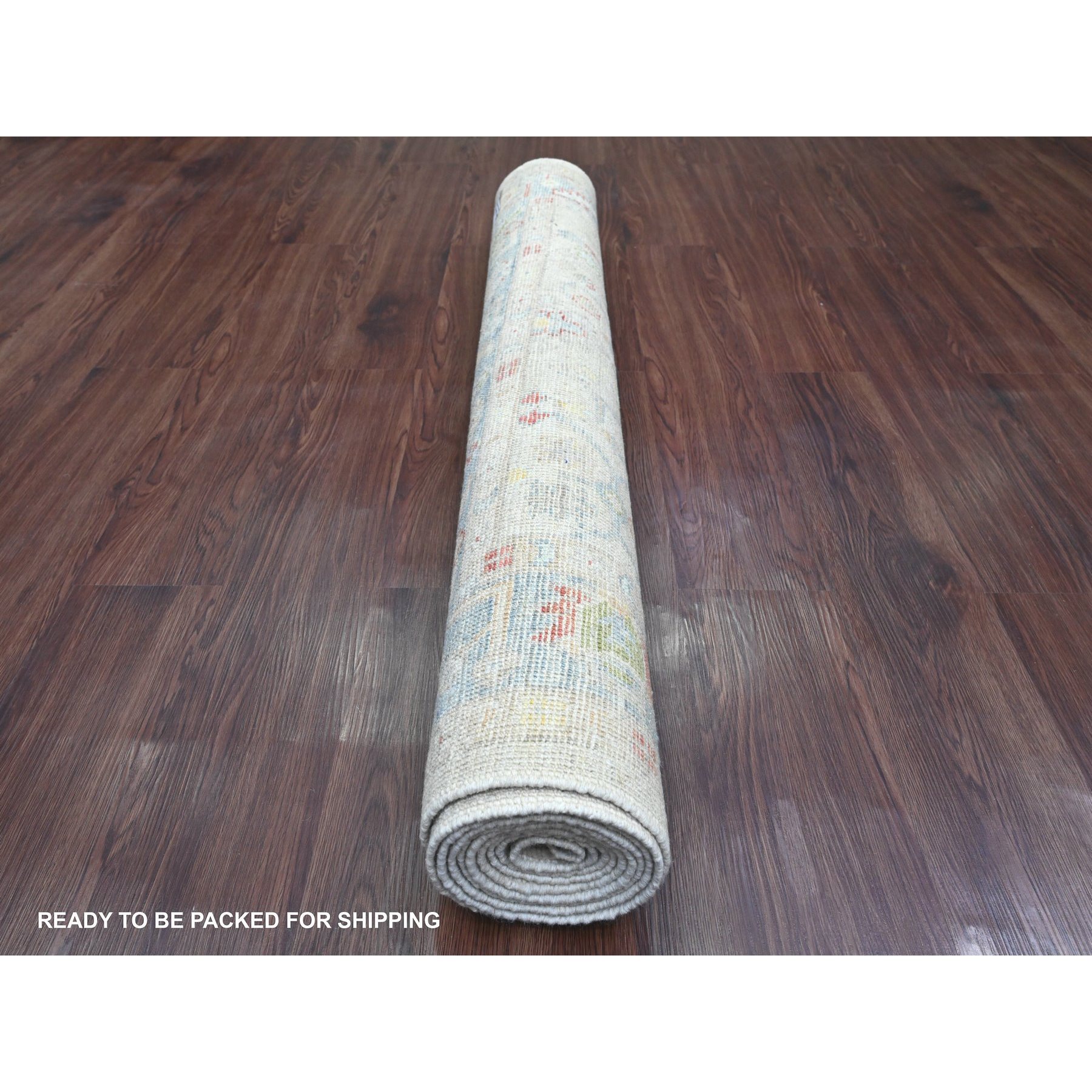 4'1"x10'1" Cascading White, Hand Knotted, Afghan Angora Oushak with All Over Leaf Design, Veggie Dyes, Pure Wool, Wide Runner, Oriental Rug Sh20877