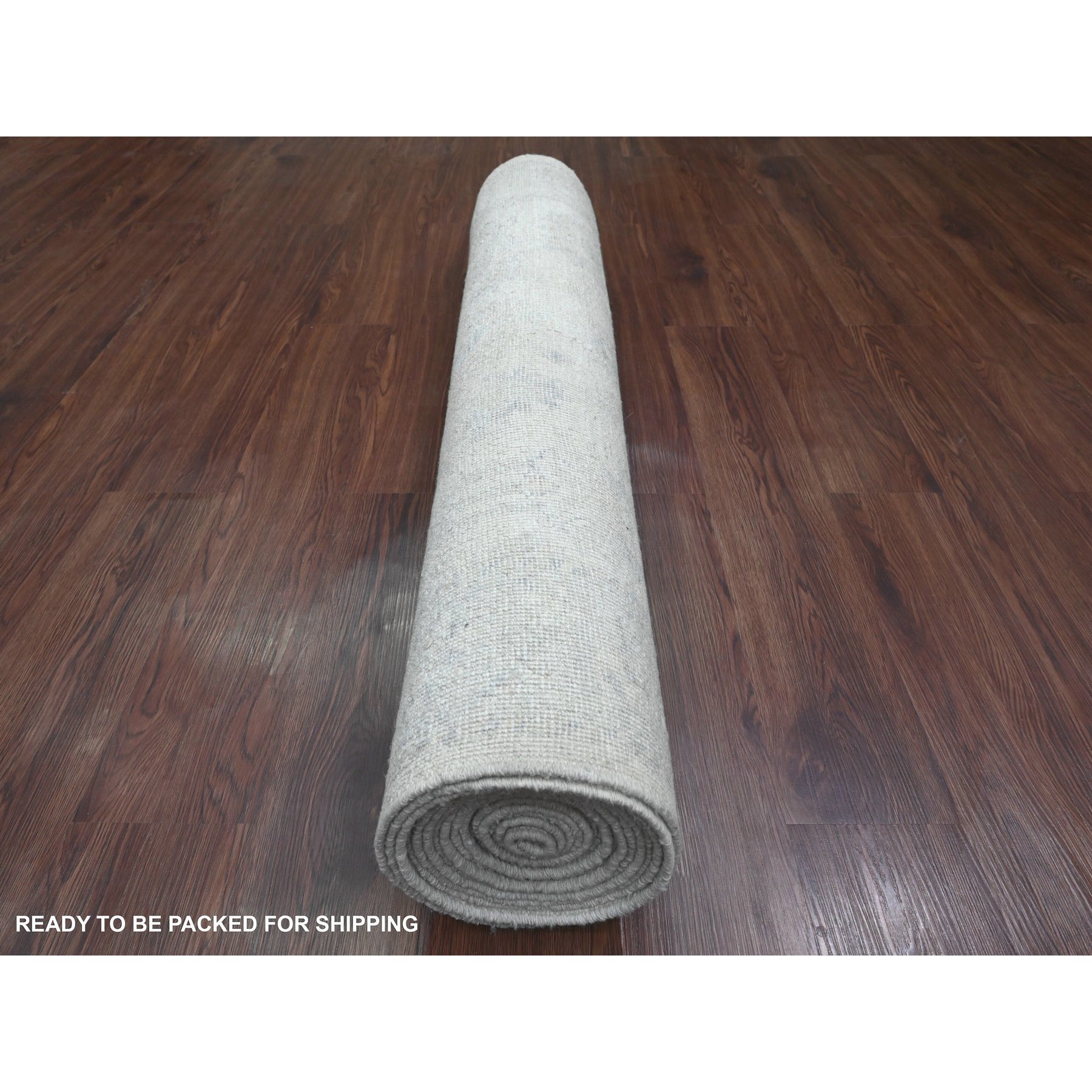 4'1"x19'8" Smoke White, Afghan Angora Oushak with Leaf Design, Hand Knotted, Natural Dyes, 100% Wool, Wide and Long Runner, Oriental Rug Sh20878