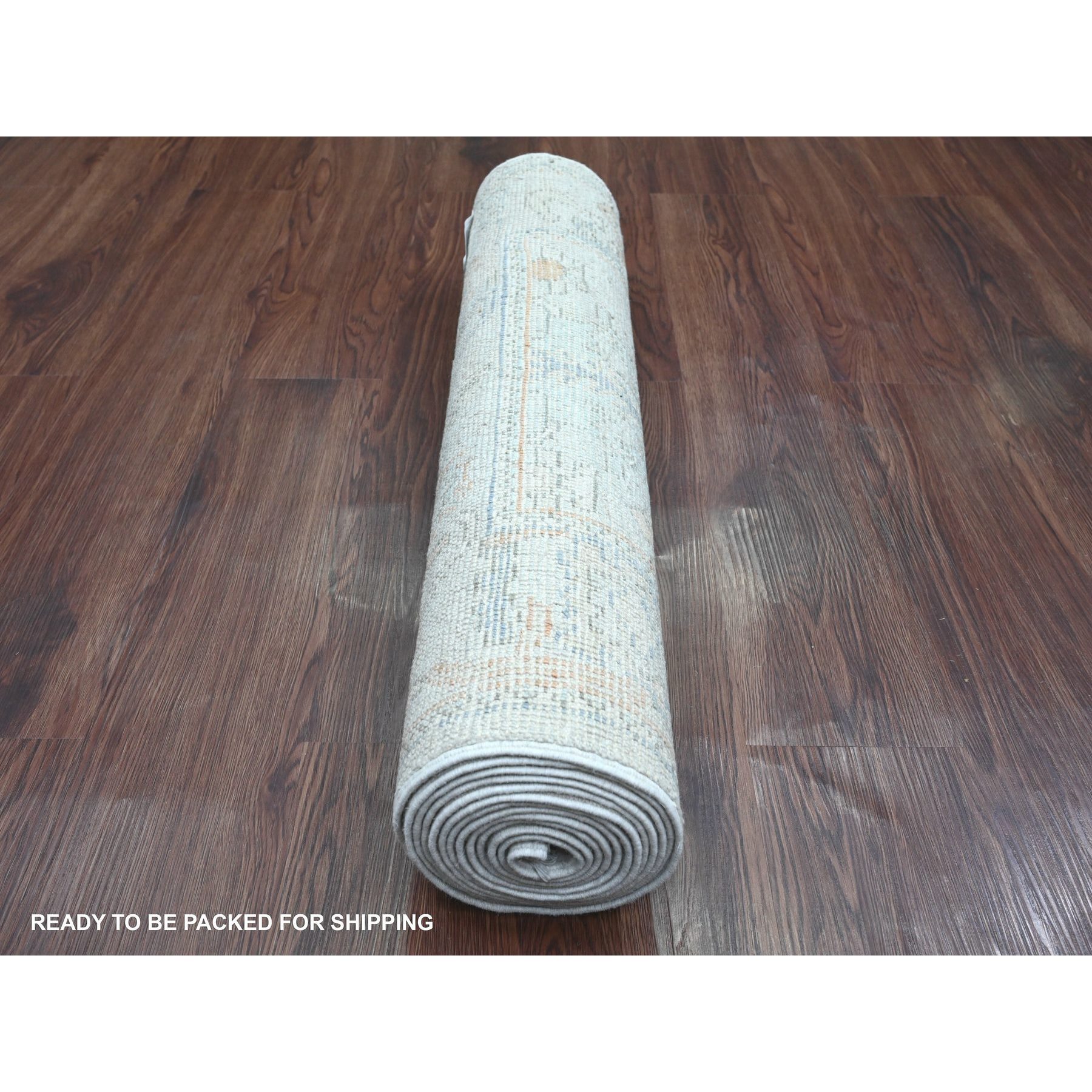 2'7"x12'6" Cement Gray, Hand Knotted, Afghan Angora Oushak with All Over Design, Natural Dyes, 100% Wool, Runner, Oriental Rug Sh20882