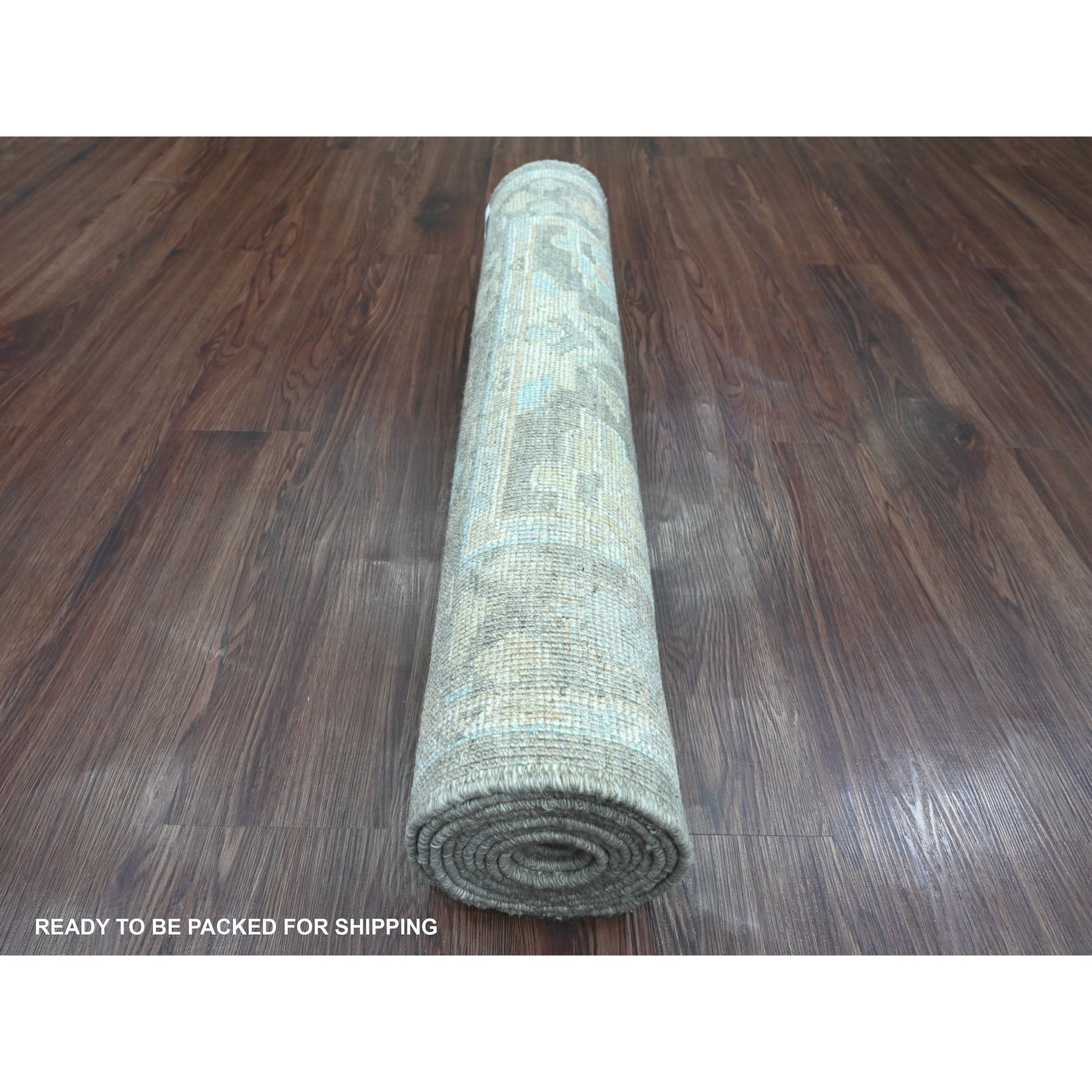 3'x9'8" Stone Gray, Hand Knotted, Afghan Angora Oushak with Muted Colors Leaf Pattern, Vegetable Dyes, Pure Wool, Runner, Oriental Rug Sh20887