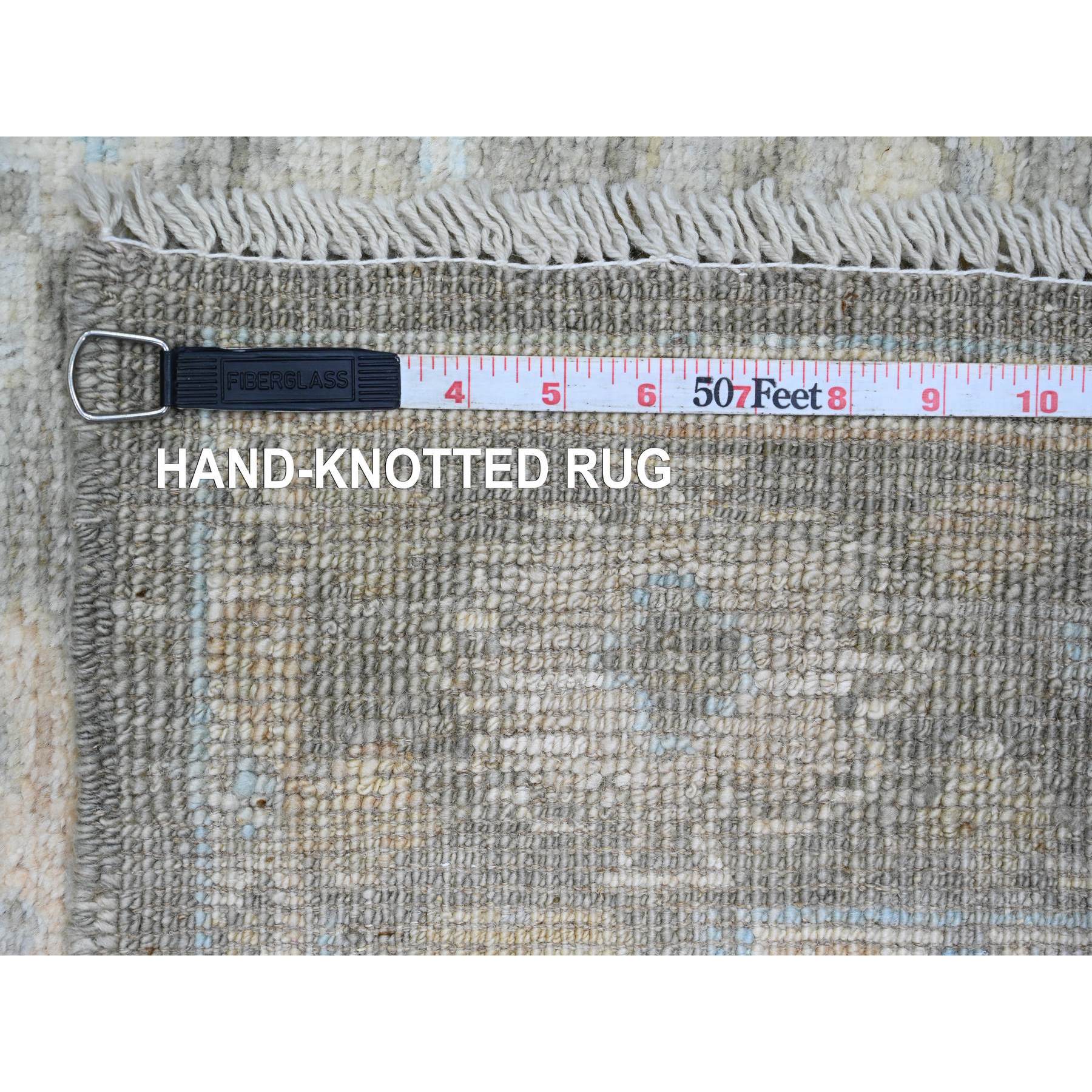 3'x9'8" Stone Gray, Hand Knotted, Afghan Angora Oushak with Muted Colors Leaf Pattern, Vegetable Dyes, Pure Wool, Runner, Oriental Rug Sh20887