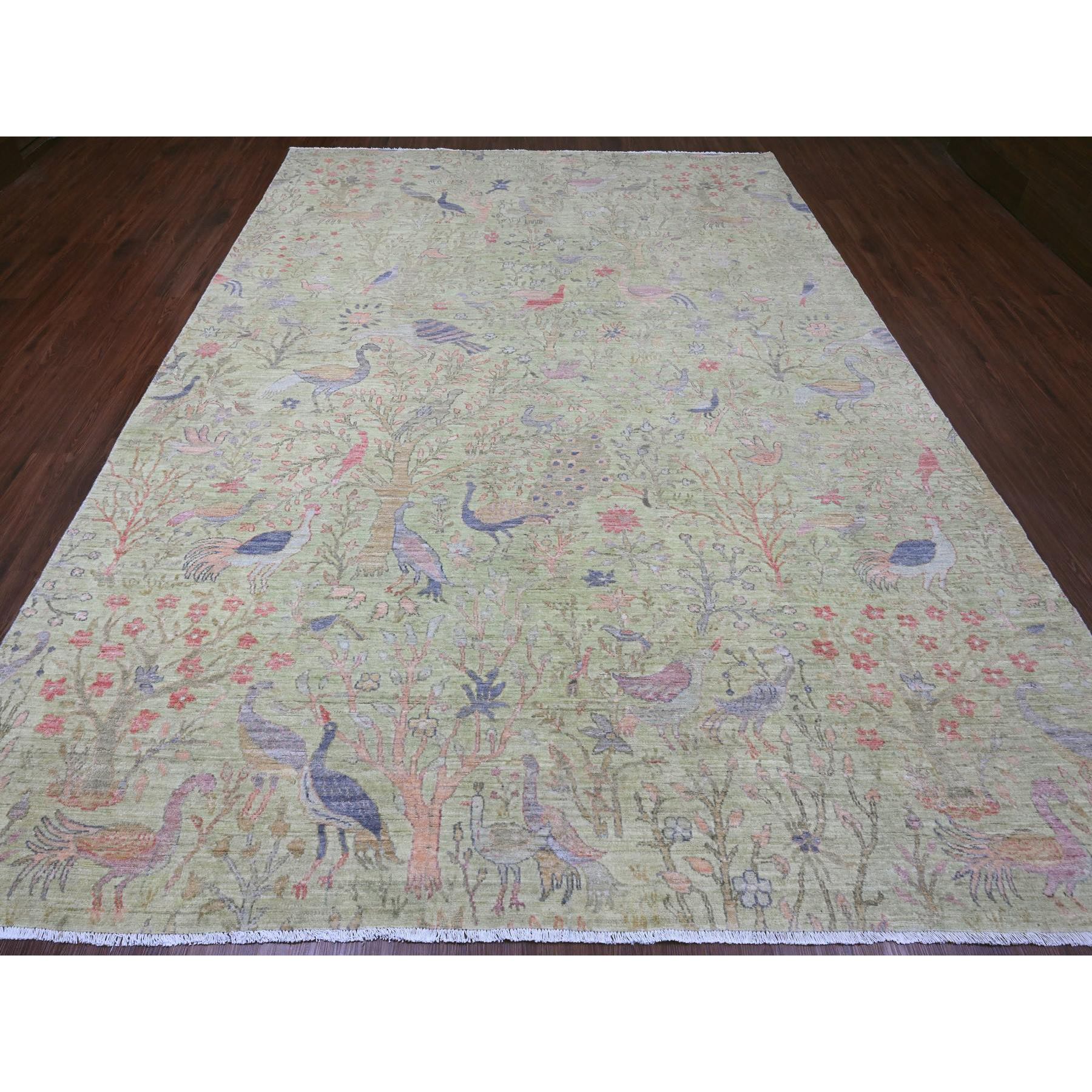 8'10"x12'3" Pistachio Green, Tree of Life, Afghan Peshawar with Birds of Paradise Design, Hand Knotted, Soft Wool, Vegetable Dyes, Oriental Rug Sh20889