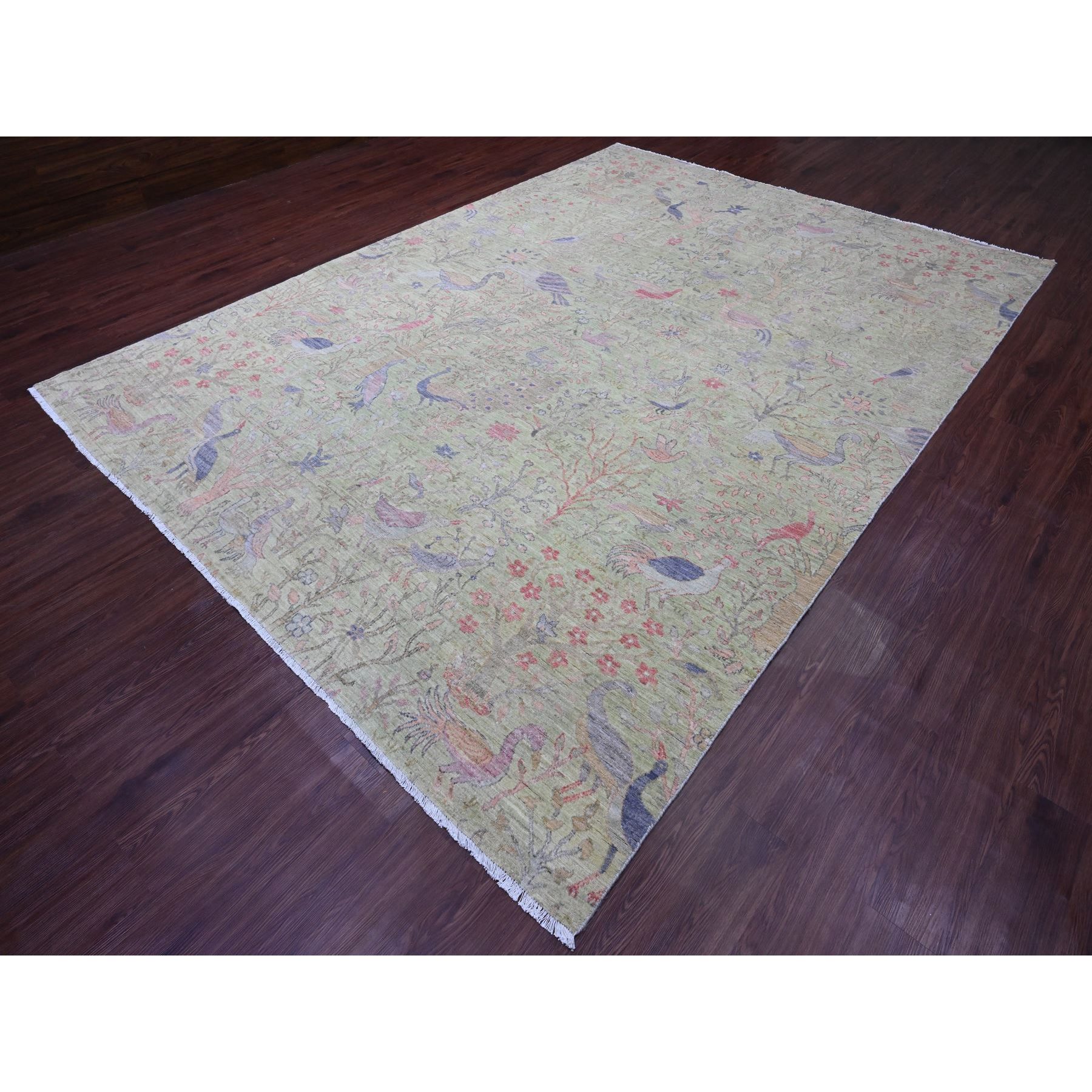 8'10"x12'3" Pistachio Green, Tree of Life, Afghan Peshawar with Birds of Paradise Design, Hand Knotted, Soft Wool, Vegetable Dyes, Oriental Rug Sh20889