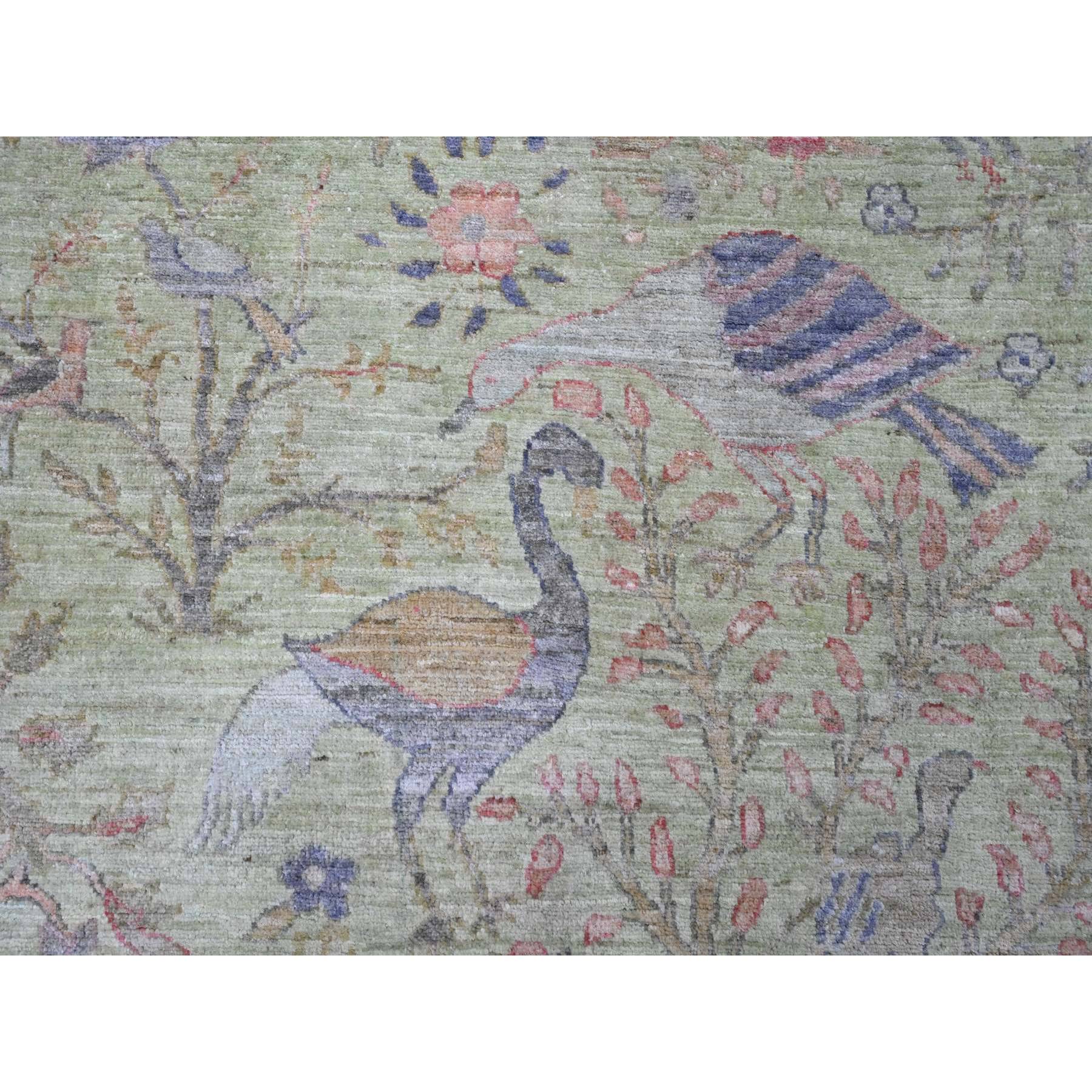 8'10"x12'3" Pistachio Green, Tree of Life, Afghan Peshawar with Birds of Paradise Design, Hand Knotted, Soft Wool, Vegetable Dyes, Oriental Rug Sh20889