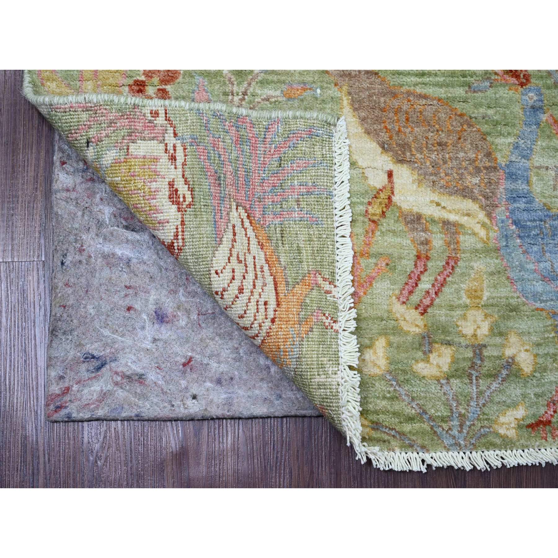 3'x5'1" Pickle Green, Afghan Peshawar with Birds of Paradise Design, Vegetable Dyes, Hand Knotted, Soft Wool, Oriental Rug Sh20891