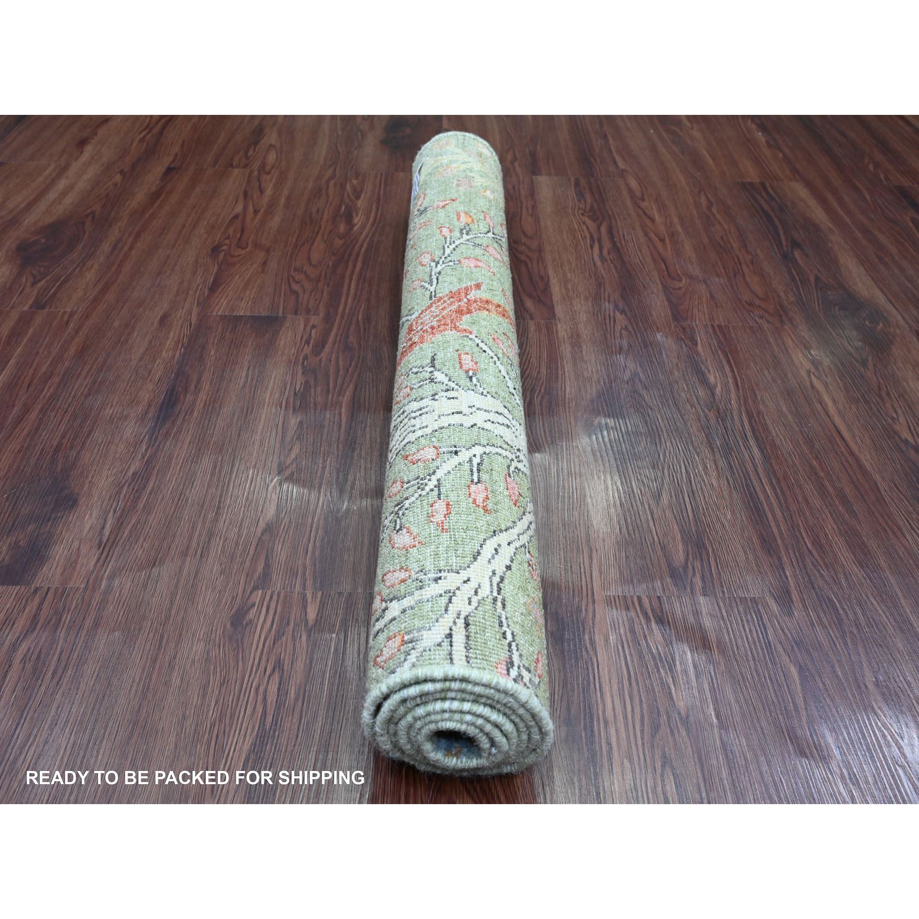 3'x5'1" Pickle Green, Afghan Peshawar with Birds of Paradise Design, Vegetable Dyes, Hand Knotted, Soft Wool, Oriental Rug Sh20891