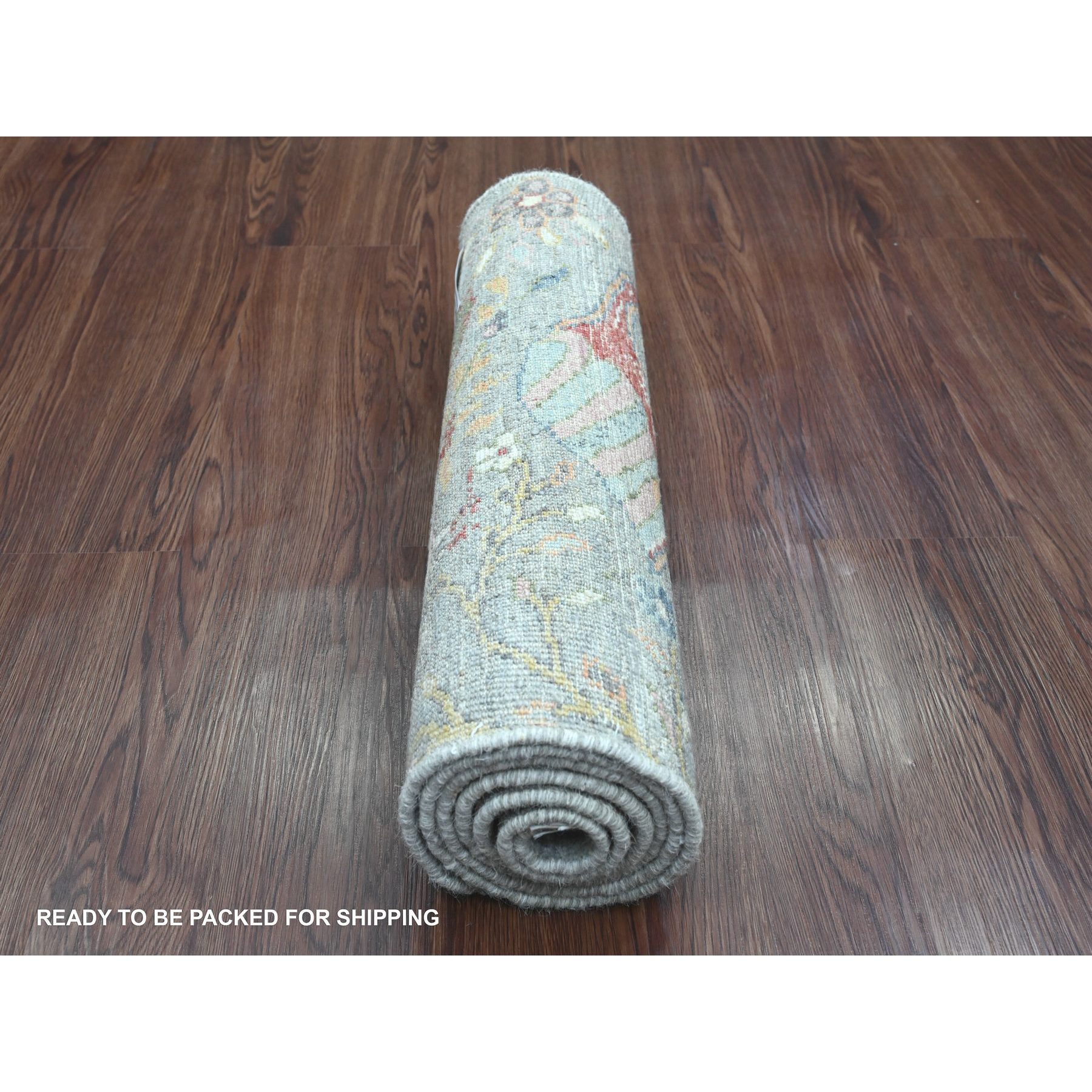 2'x6'2" Misty Gray, Afghan Peshawar with Birds of Paradise Design, Hand Knotted, Vegetable Dyes, Soft Wool, Narrow Runner, Oriental Rug Sh20893