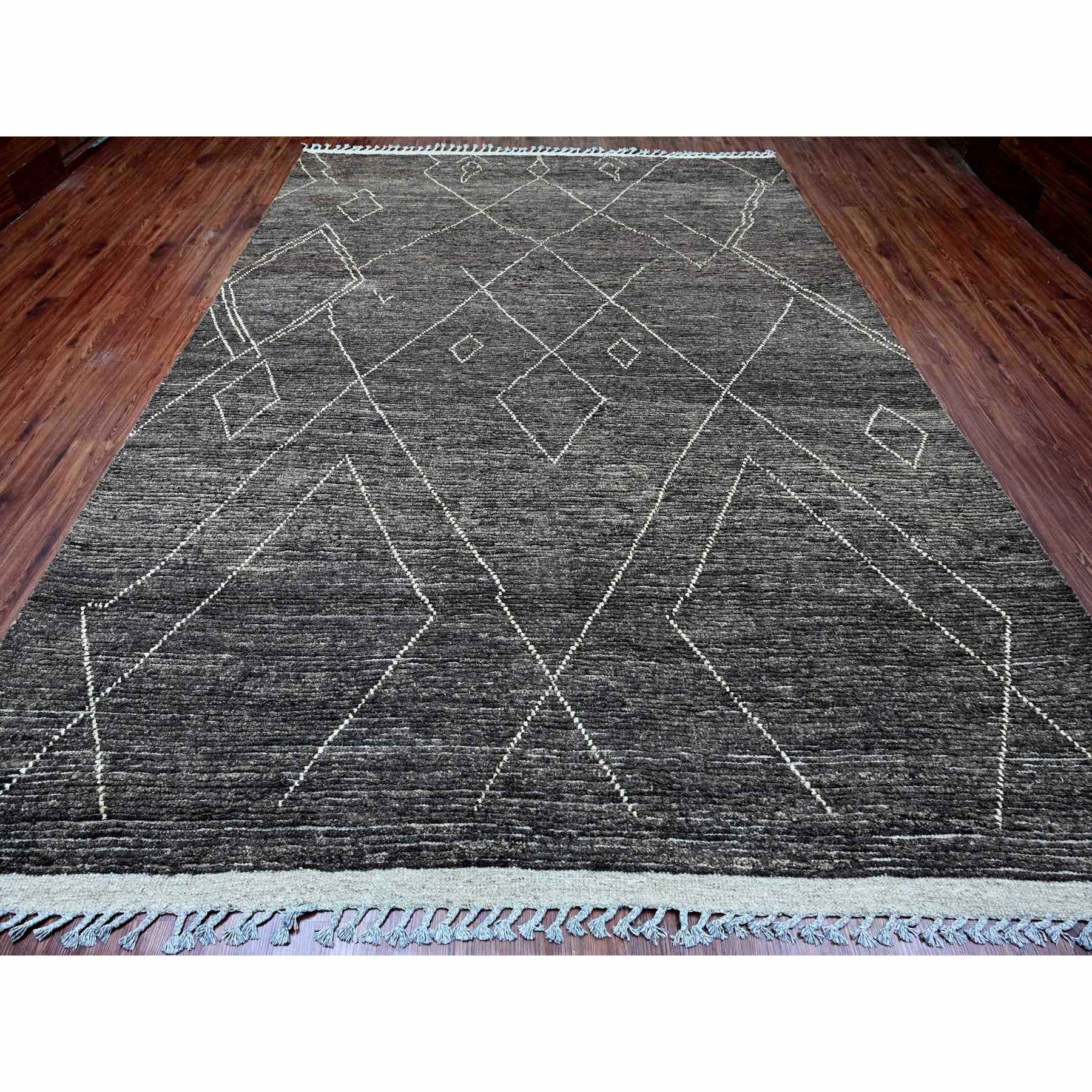 9'x12'8" Charcoal Black, Moroccan Weave with Geometric Pattern, Soft Wool, Hand Knotted, Tone on Tone, Textured Pile, Oriental Rug Sh20895