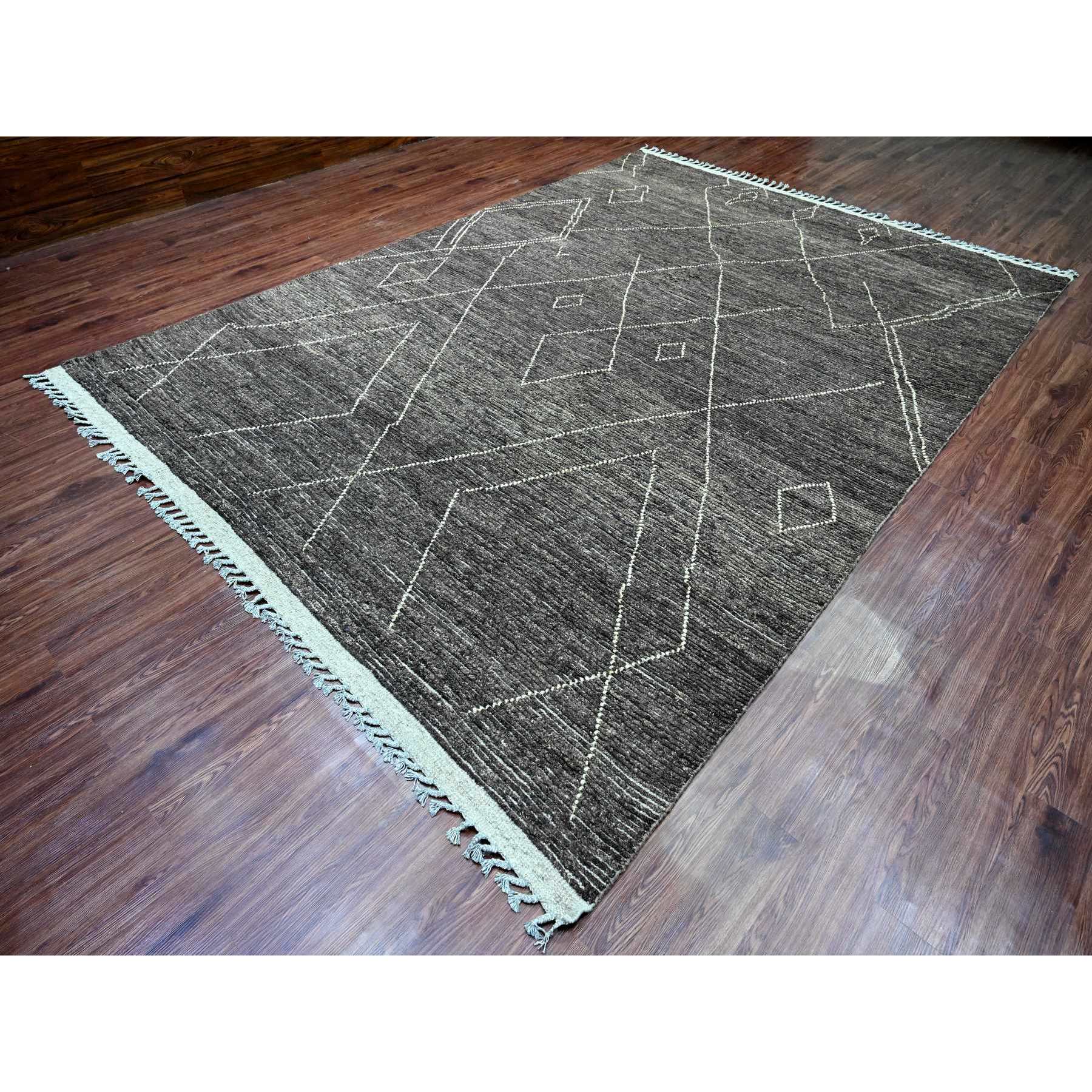 9'x12'8" Charcoal Black, Moroccan Weave with Geometric Pattern, Soft Wool, Hand Knotted, Tone on Tone, Textured Pile, Oriental Rug Sh20895
