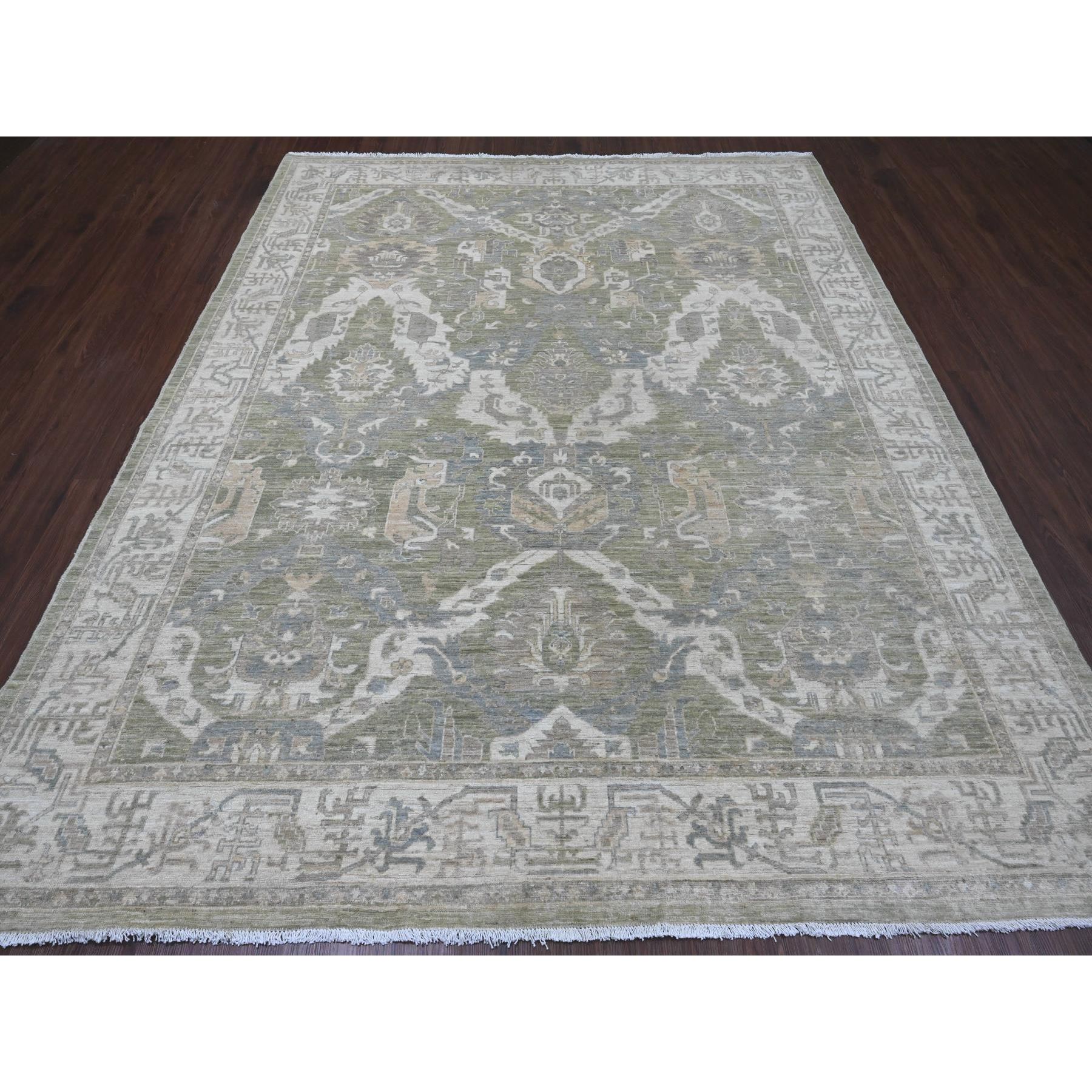 8'x9'8" Camouflage Green, Antiqued Peshawar with Ziegler Mahal Design, 100% Wool, Hand Knotted, Densely Woven, Oriental Rug Sh20896